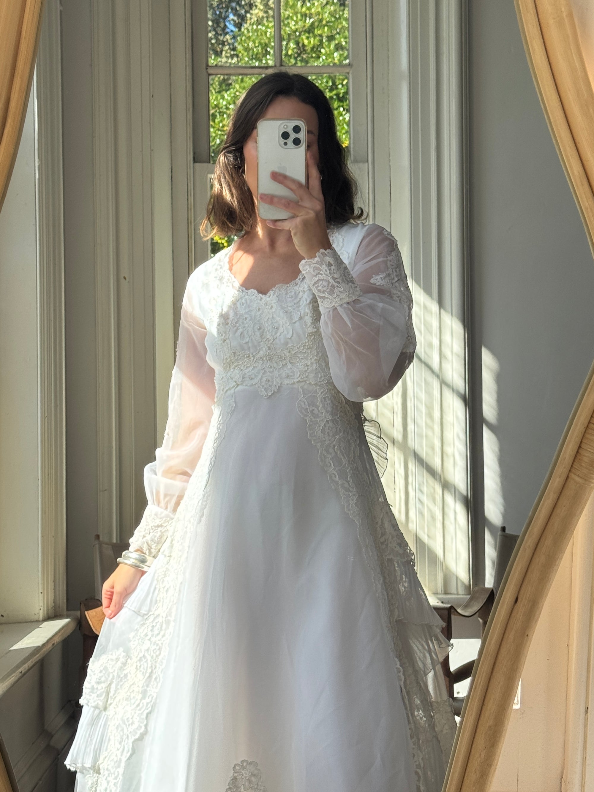 Vintage 60s Lace Wedding Dress With Pleated Ruffle Train