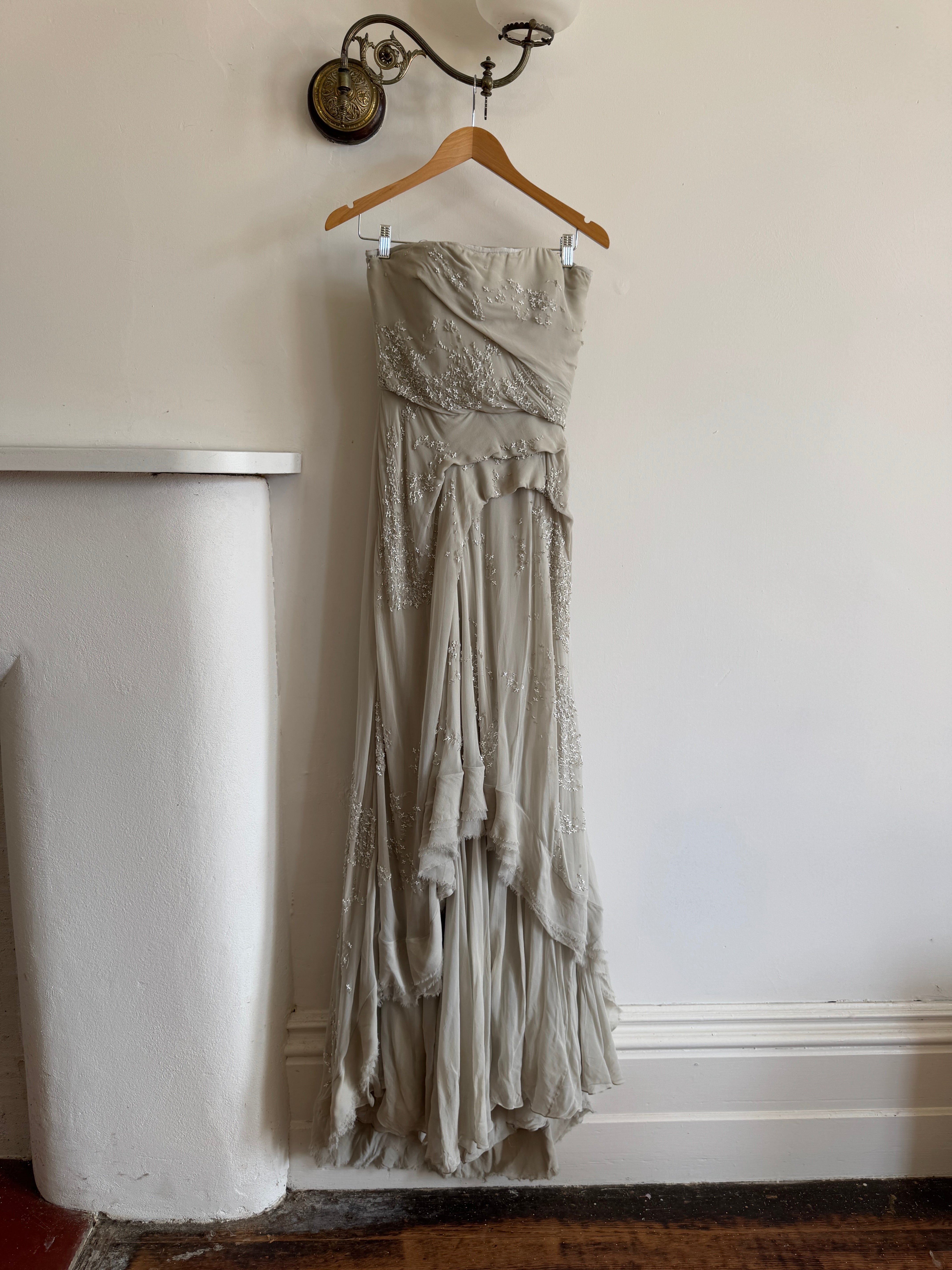 Archival Y2K J Mendel Pure Silk Beaded Wedding Dress Pale Grey