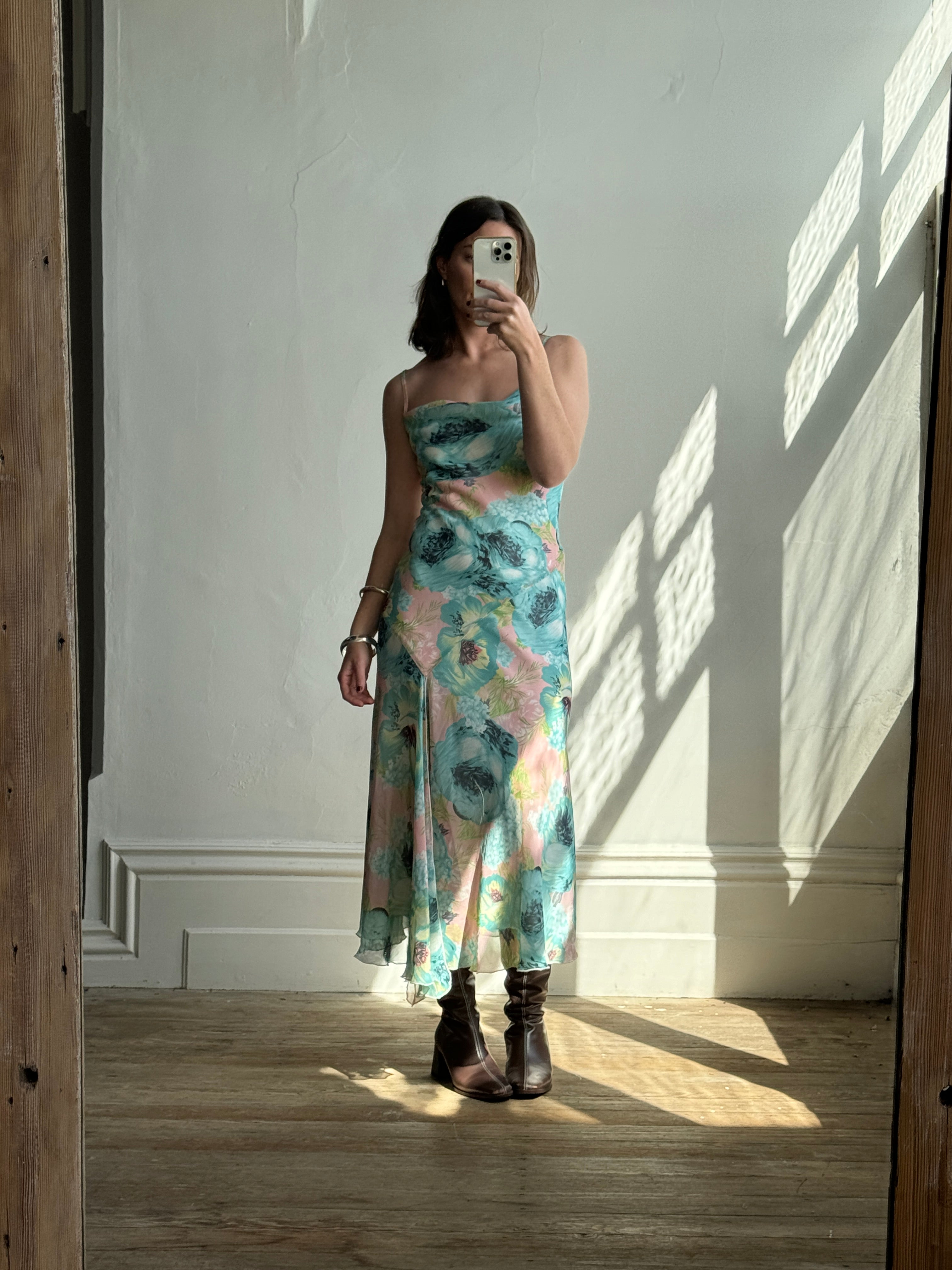 Vintage 90s Peach and Aqua Floral Bias Slip Dress