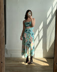 Vintage 90s Peach and Aqua Floral Bias Slip Dress