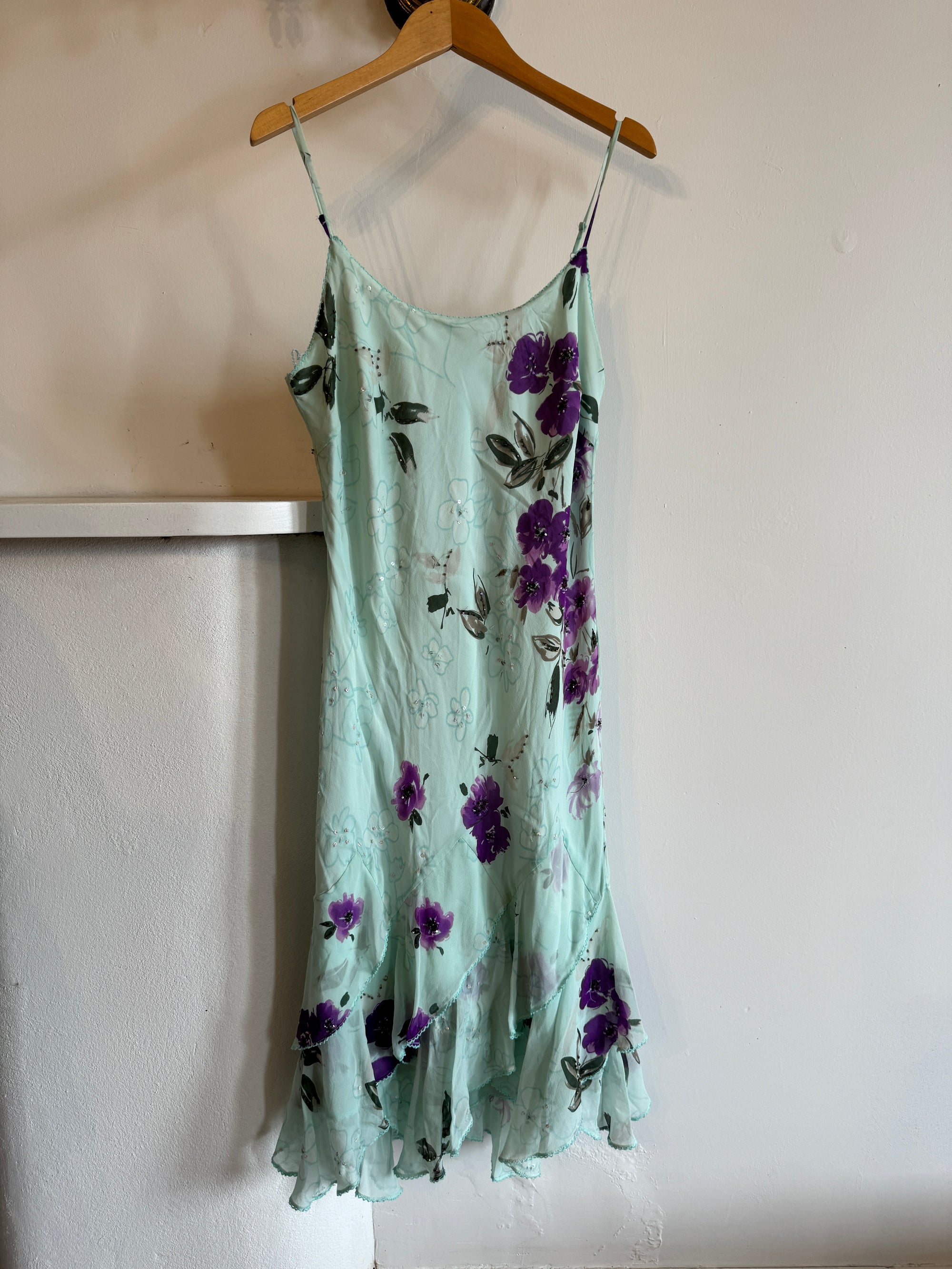 Vintage 90s Pure Silk Floral Mint Fairy Dress