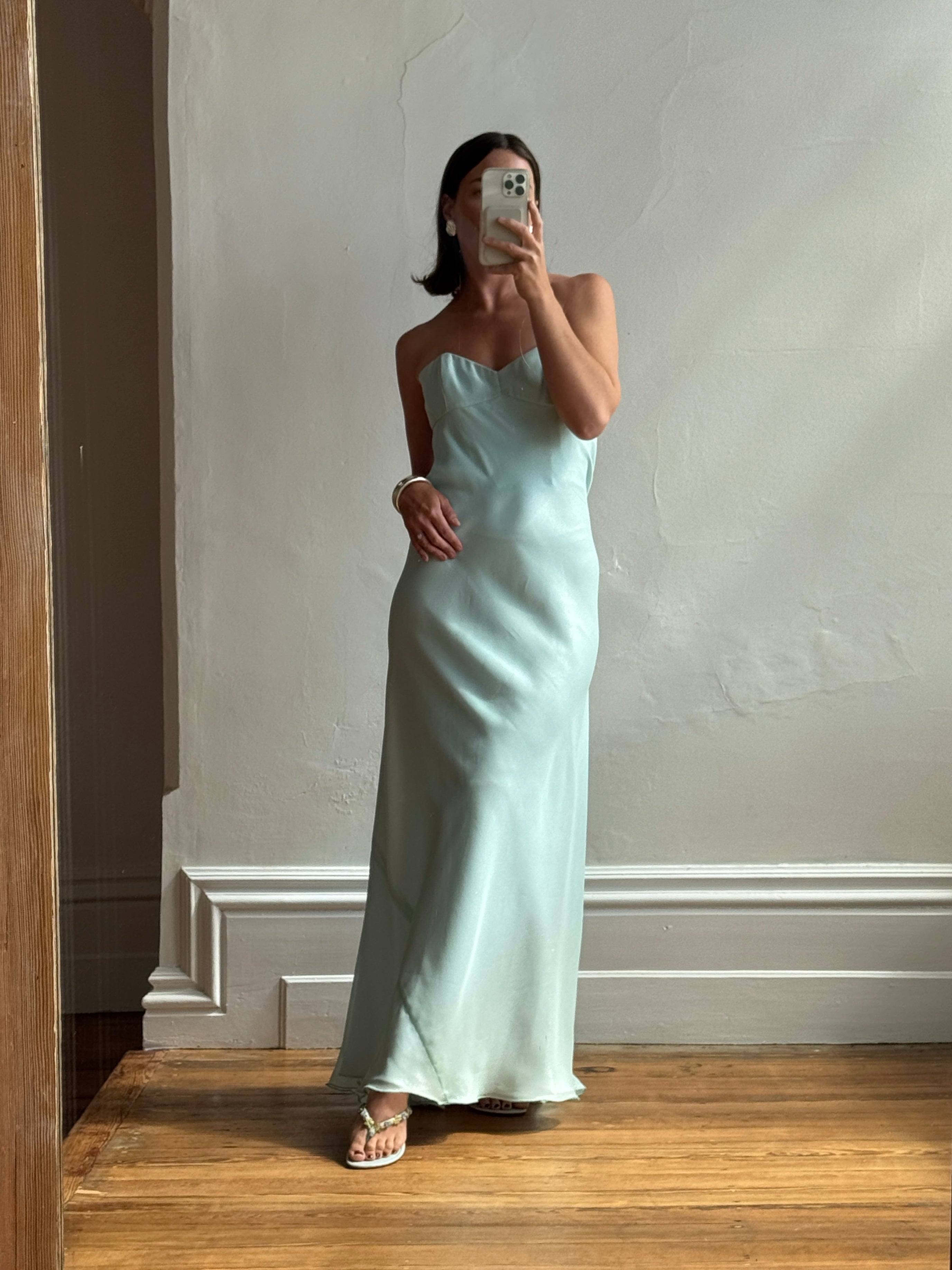 Vintage 90s Aqua Shimmer Strapless Gown