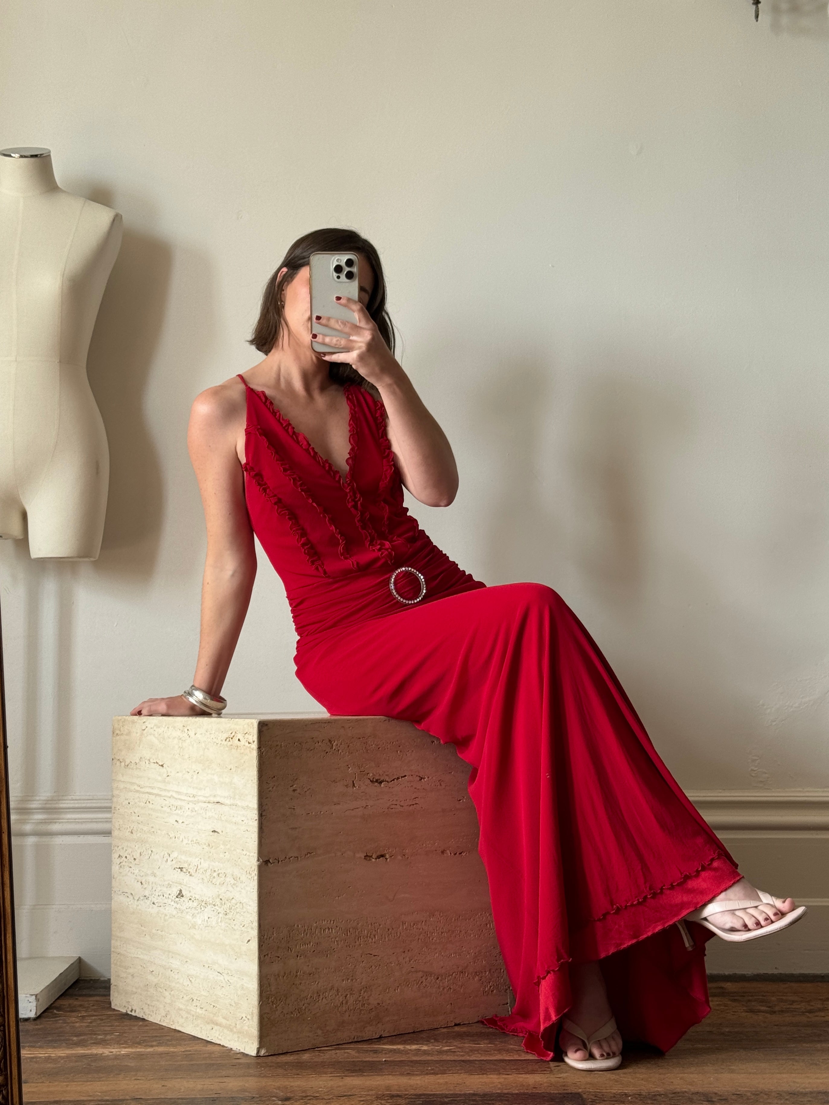Vintage 90s Flame Red Ruffle Evening Dress with Rhinestone Belt
