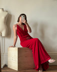 Vintage 90s Flame Red Ruffle Evening Dress with Rhinestone Belt