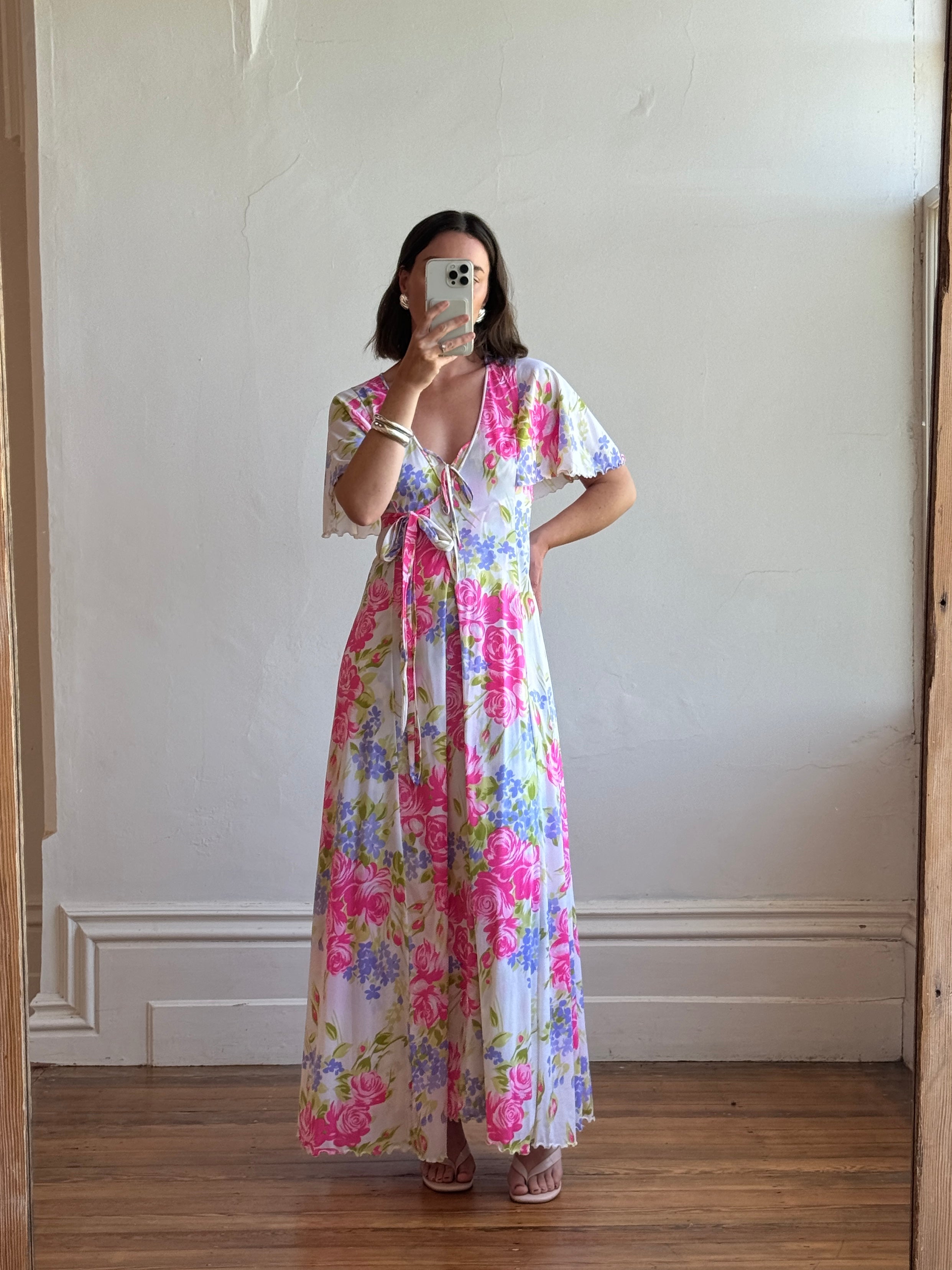 Vintage 70s Pink Floral Slip and Wrap Dress Set