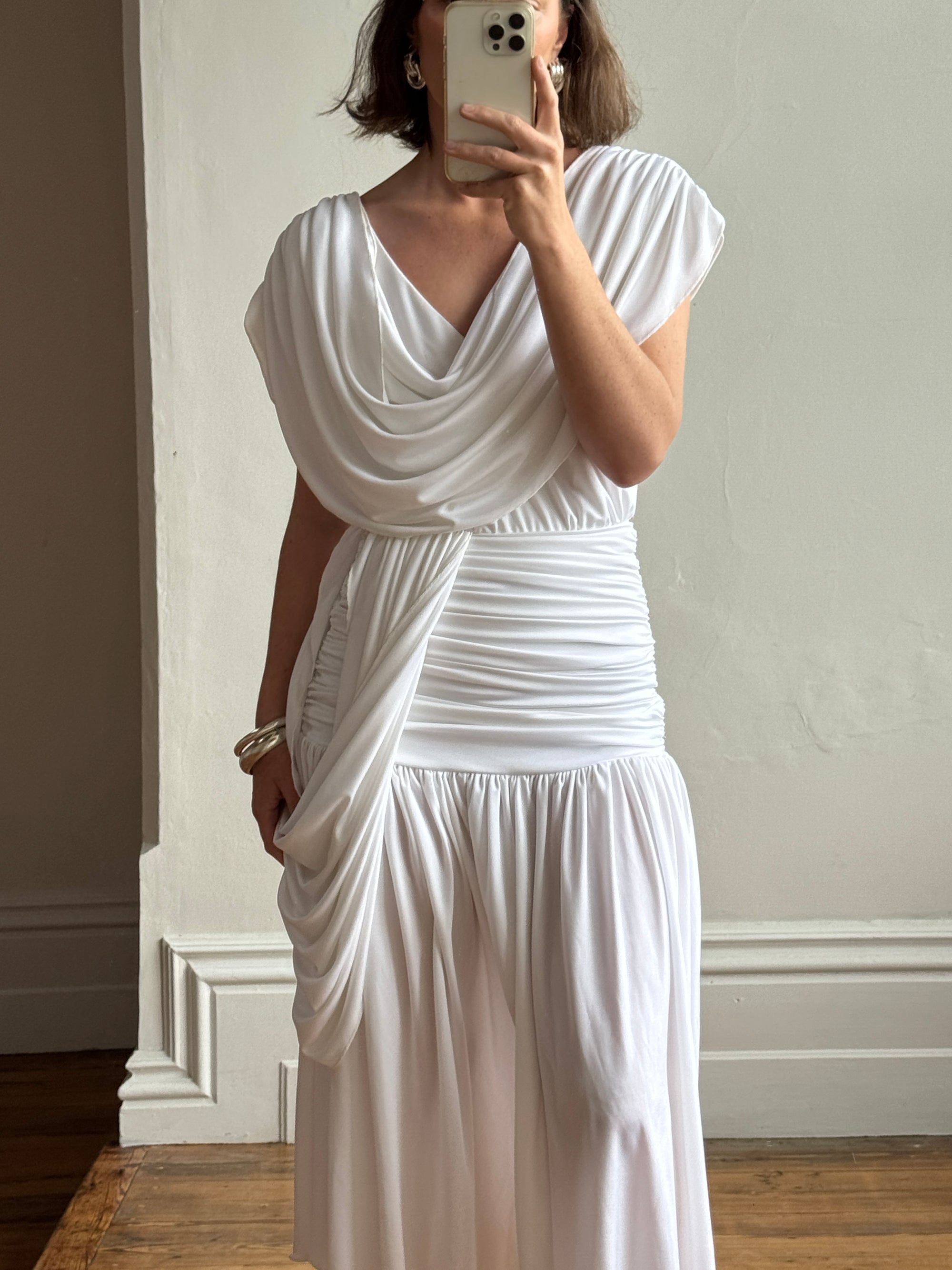 Vintage 80s Draped Jersey Australian Made Wedding Dress White