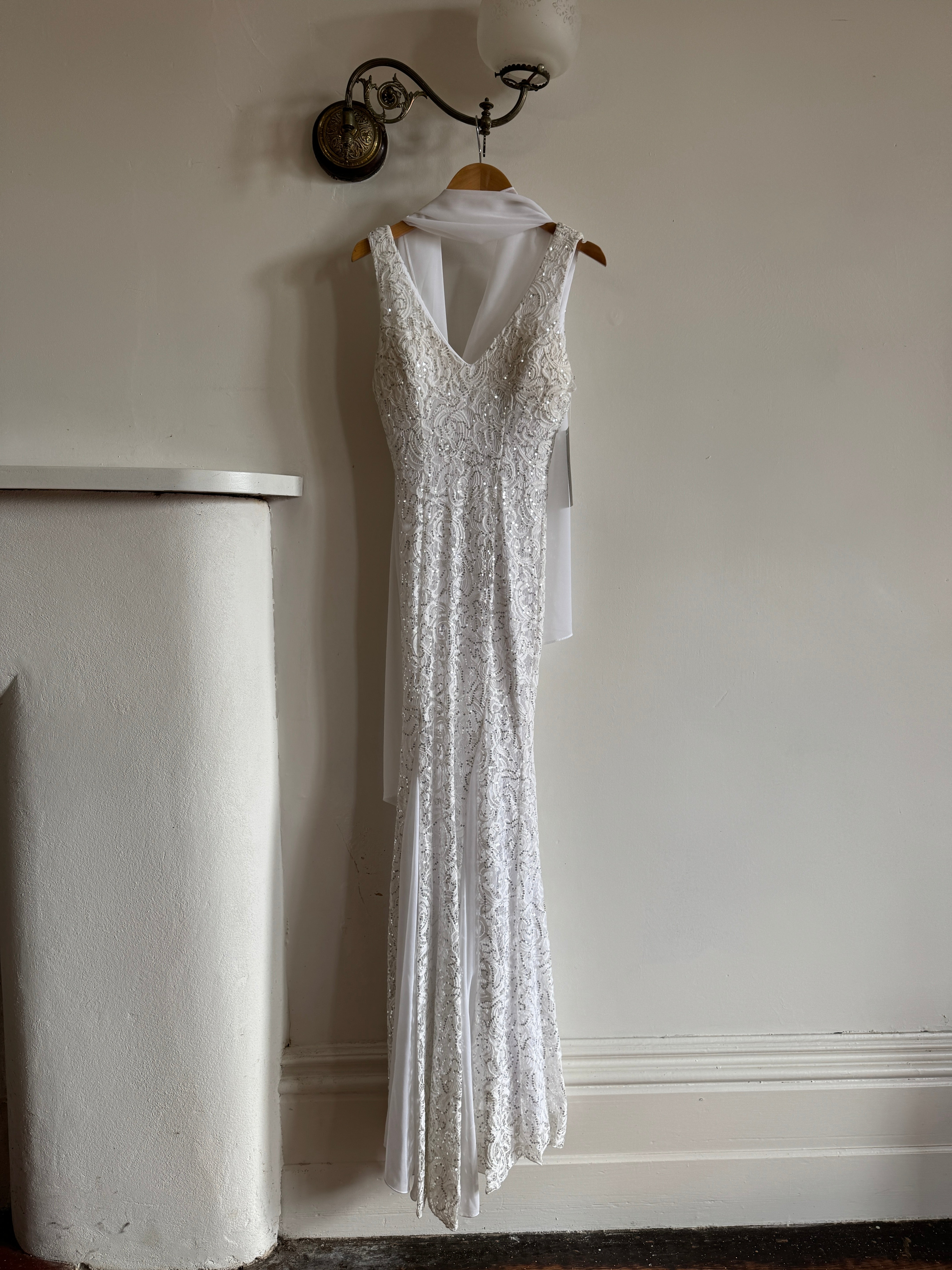 Vintage 90s Silver Sequin Fairy Wedding Dress With Scarf