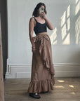Vintage 80s Taffeta Frill Maxi Skirt Latte