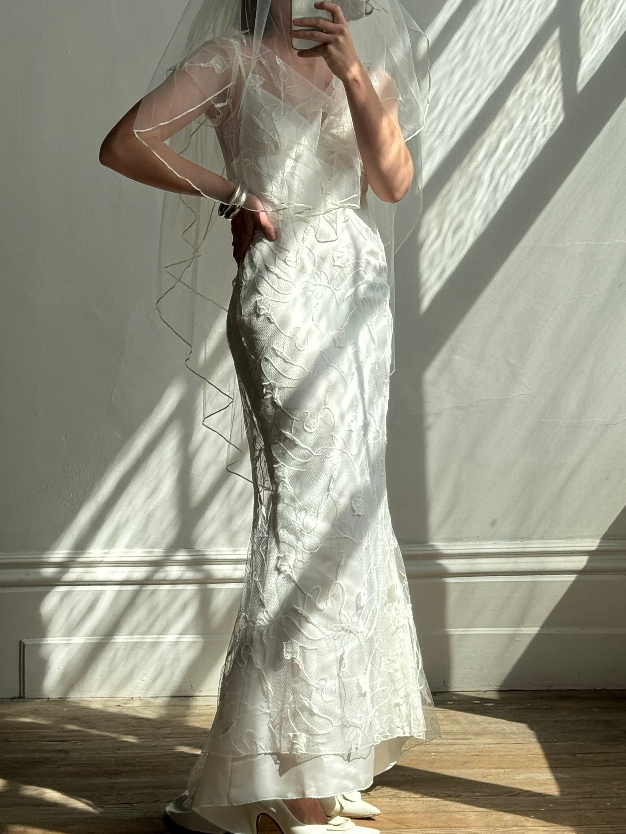Vintage 90s Net Cowl Neck Mermaid Wedding Dress