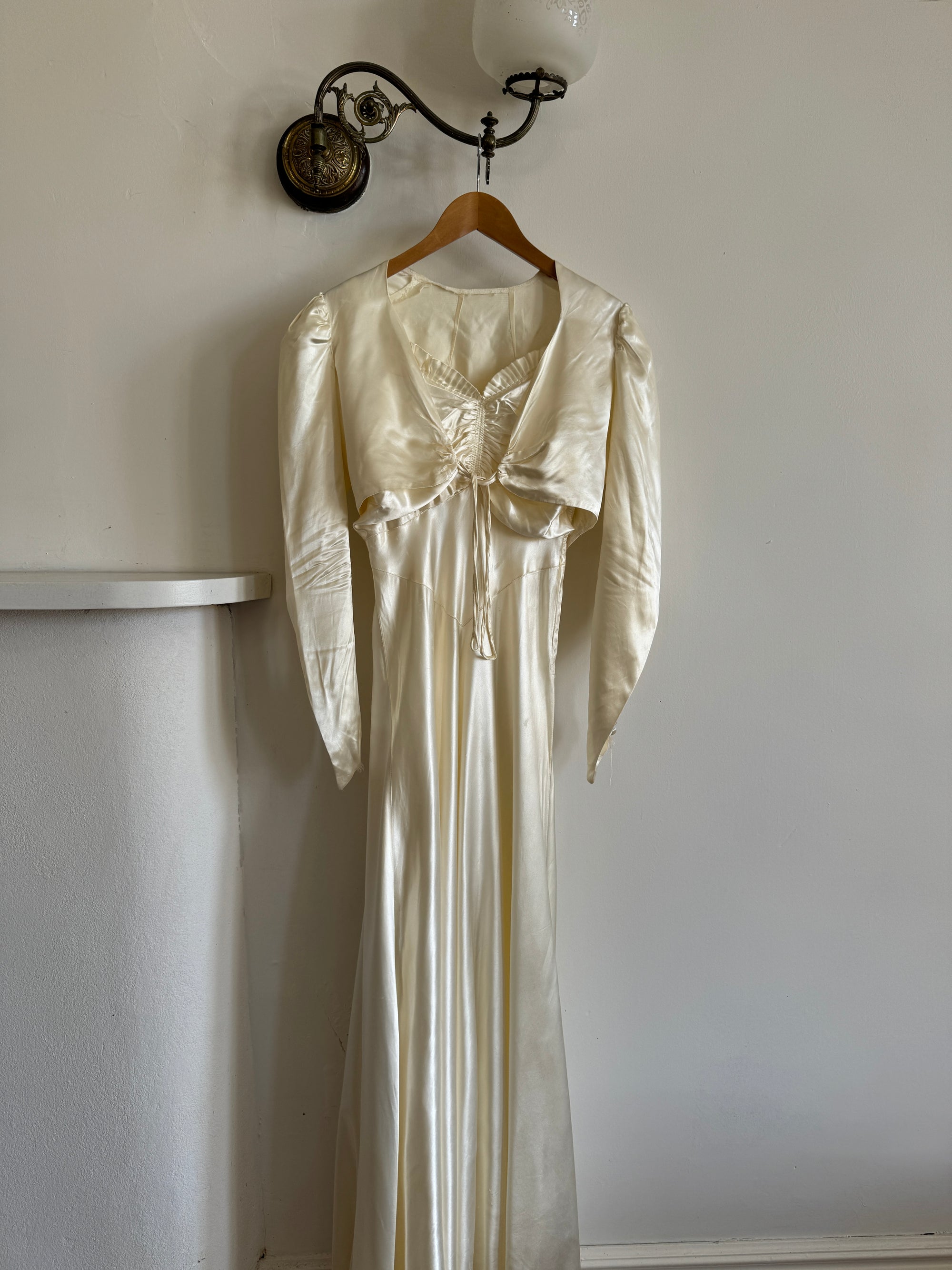 Vintage 30s Creme Liquid Satin Dress with Train and Jacket