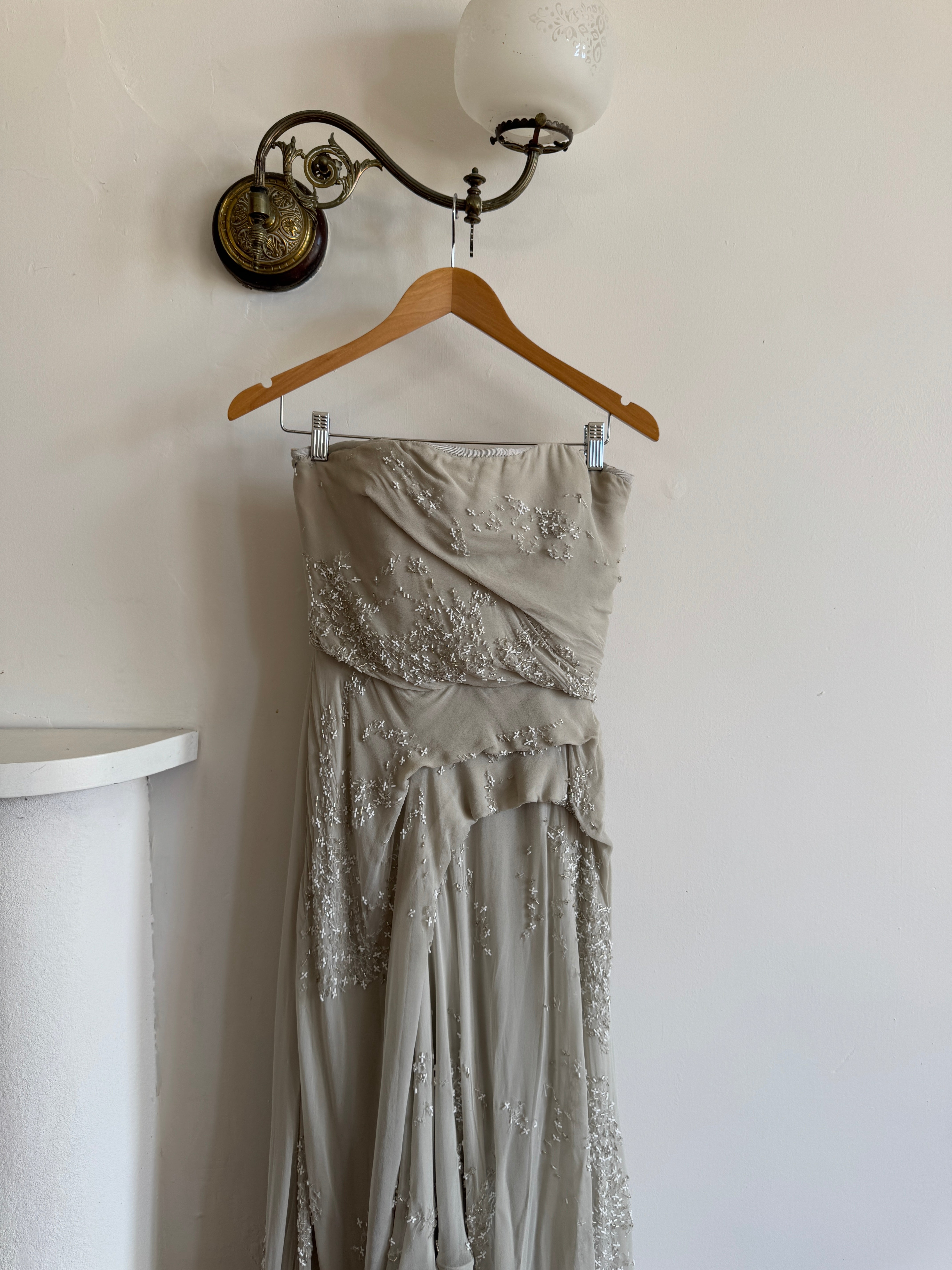 Archival Y2K J Mendel Pure Silk Beaded Wedding Dress Pale Grey