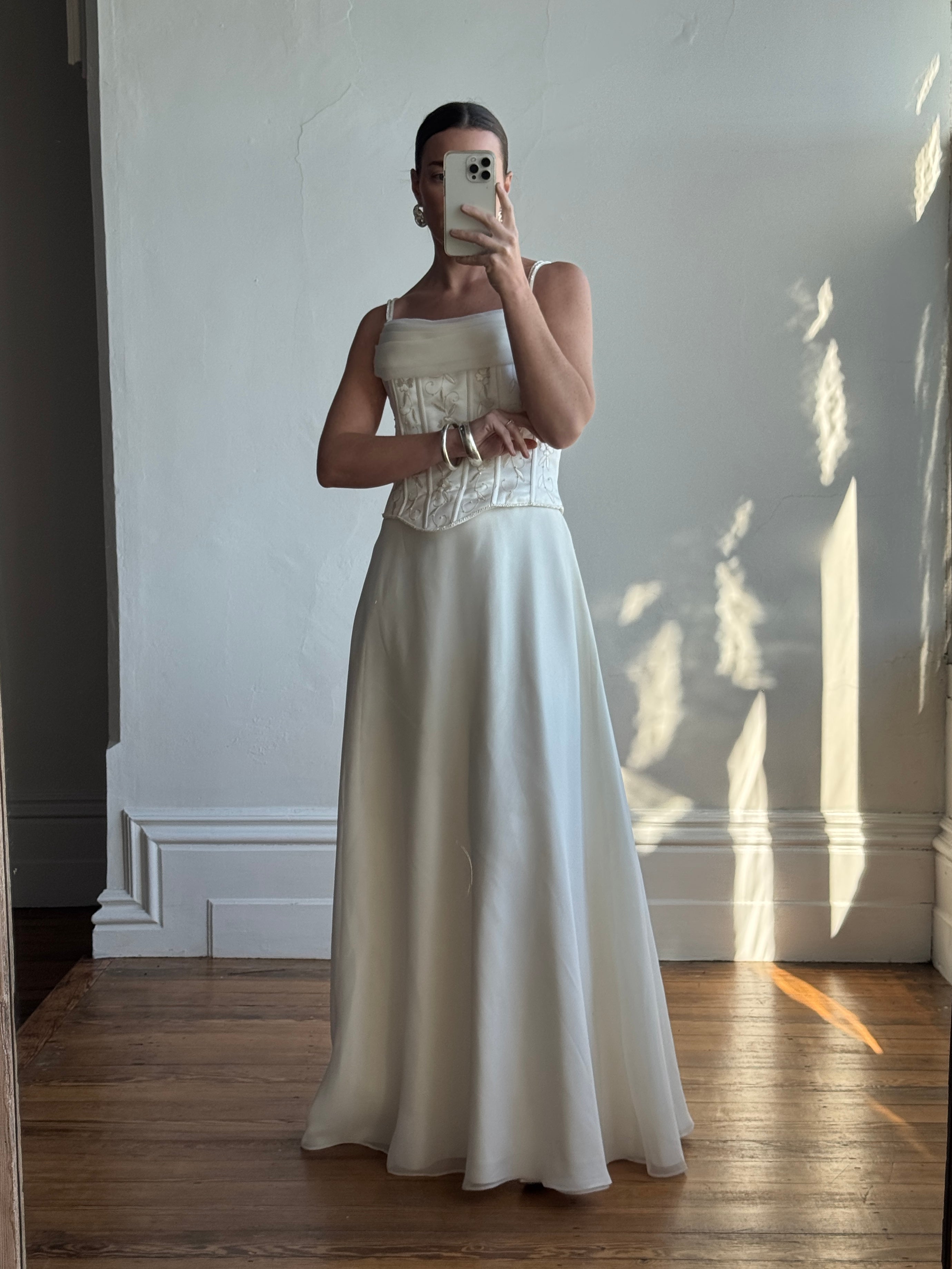 Vintage 90s Chiffon Jacquard Corset Embellishment Wedding Gown