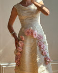 Vintage 60s Silk Pleated Wedding Gown with Pink Flowers