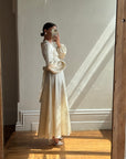 Vintage 70s Floral Satin Jacquard Wedding Dress Creme