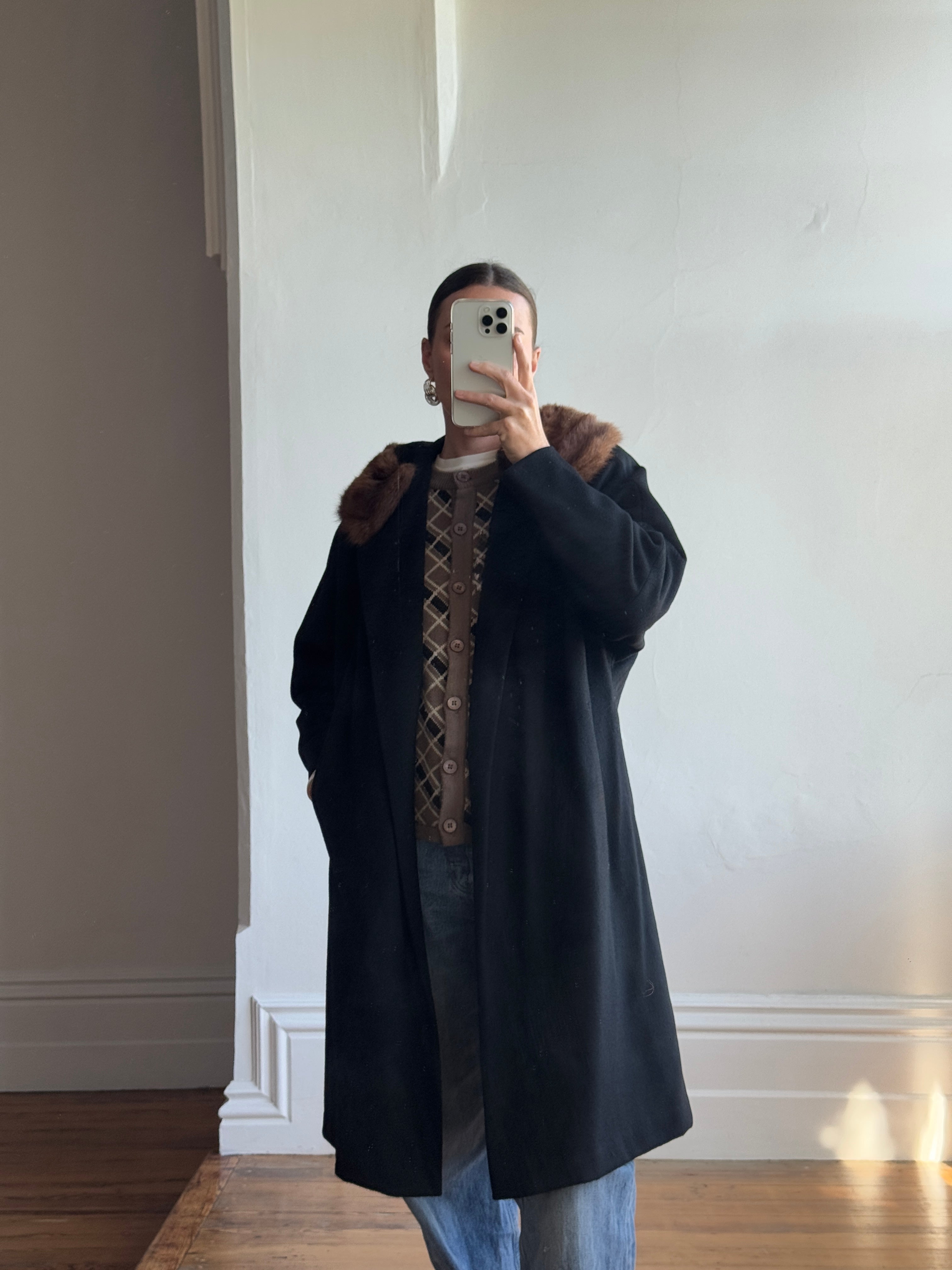 Vintage 60s Noir Pure Wool Mid Length Overcoat with Fur Collar