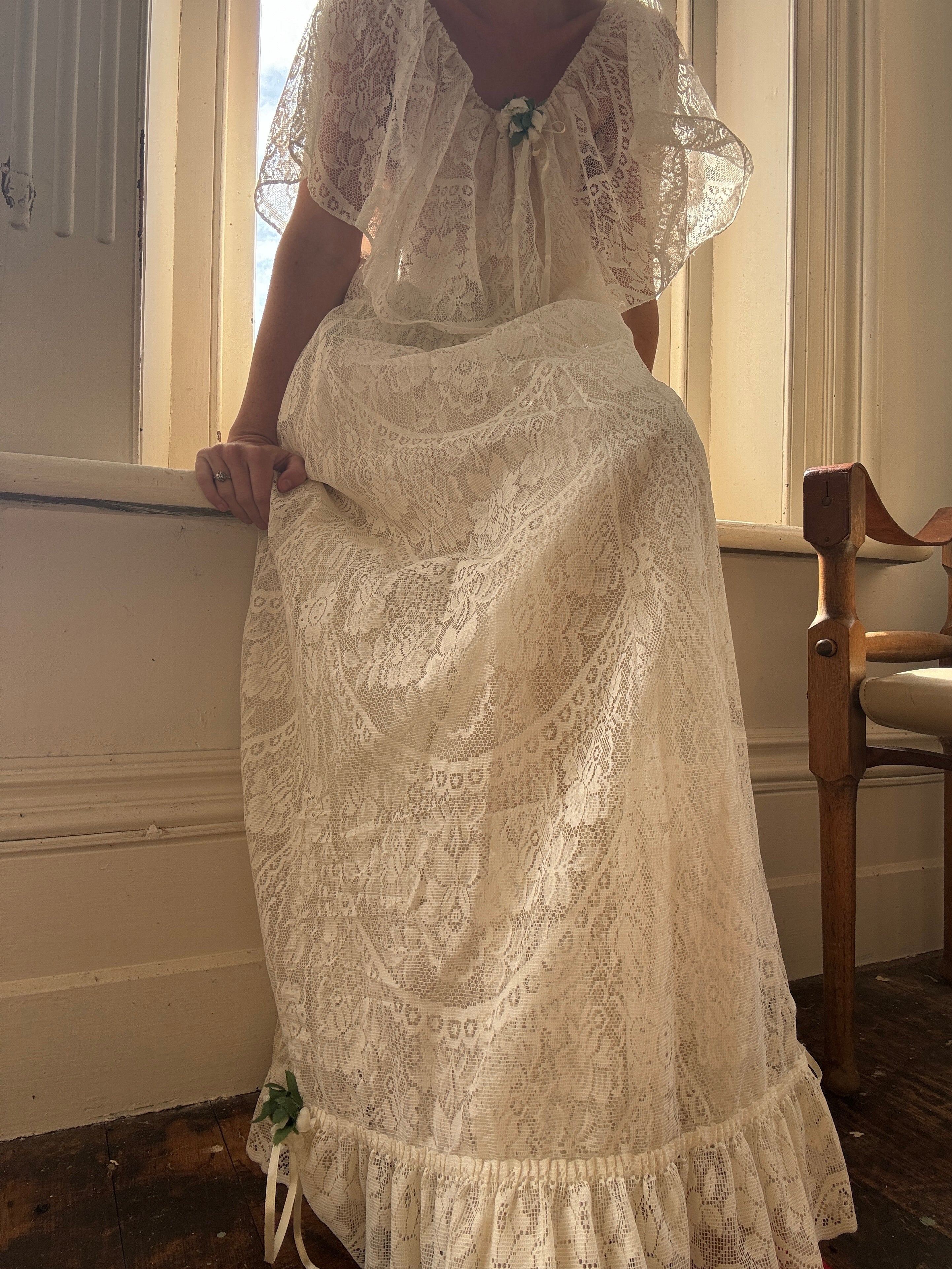 Vintage Lace Frilled Maxi Dress with Rose Applique