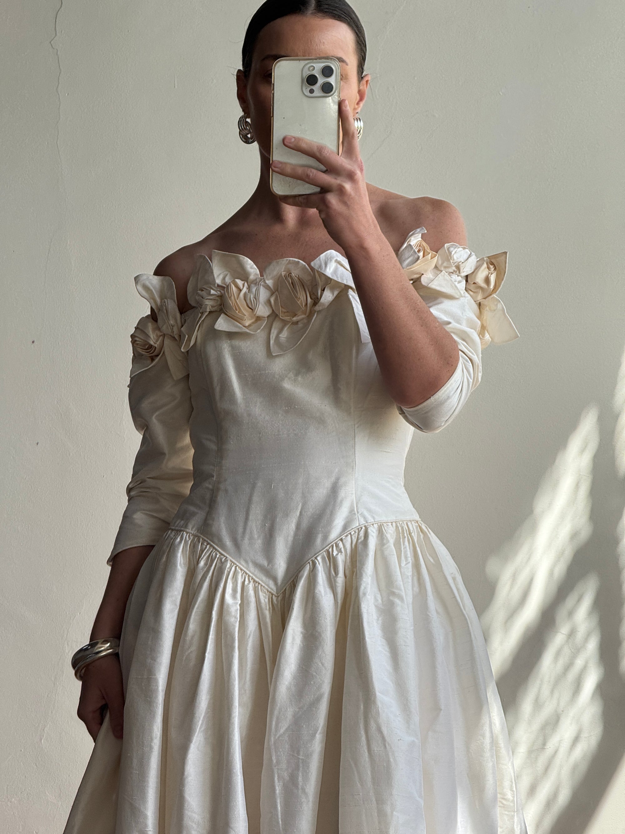 Vintage 80s Pure Silk Rosette Off Shoulder Gown