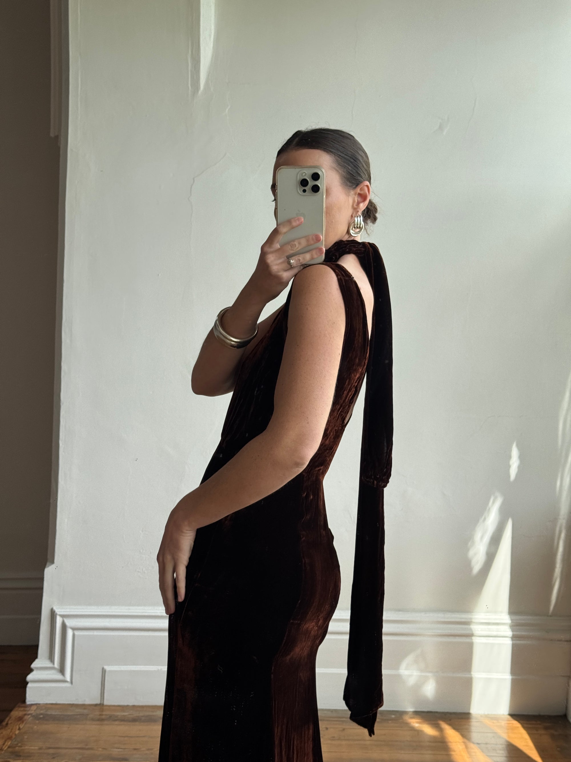 Vintage 30s Brown Velvet Bias Cut Dress With Rosette tie