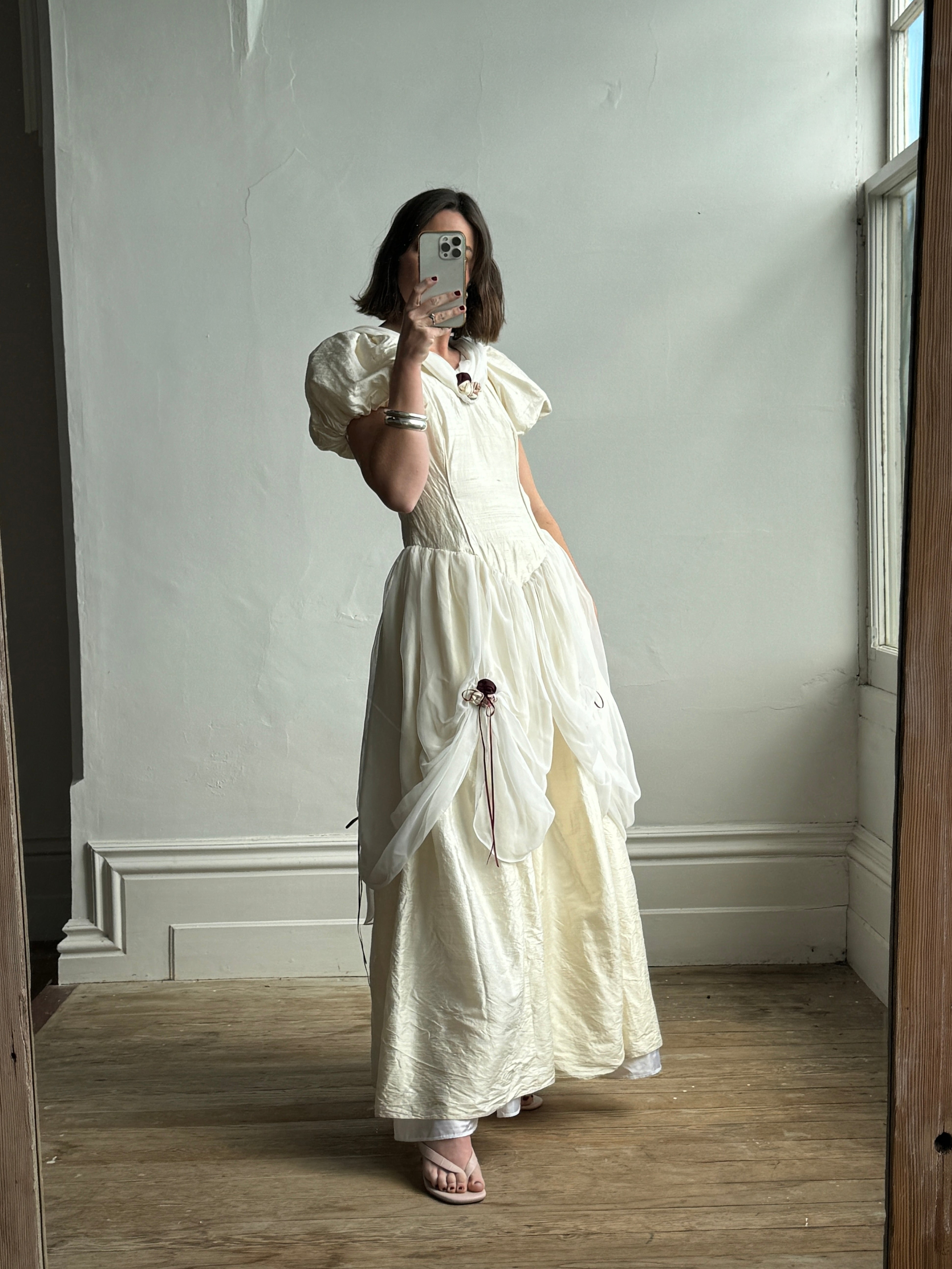 Vintage Silk Puff Sleeve Wedding Dress with Chiffon and Roses