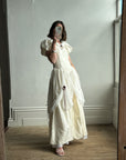 Vintage Silk Puff Sleeve Wedding Dress with Chiffon and Roses