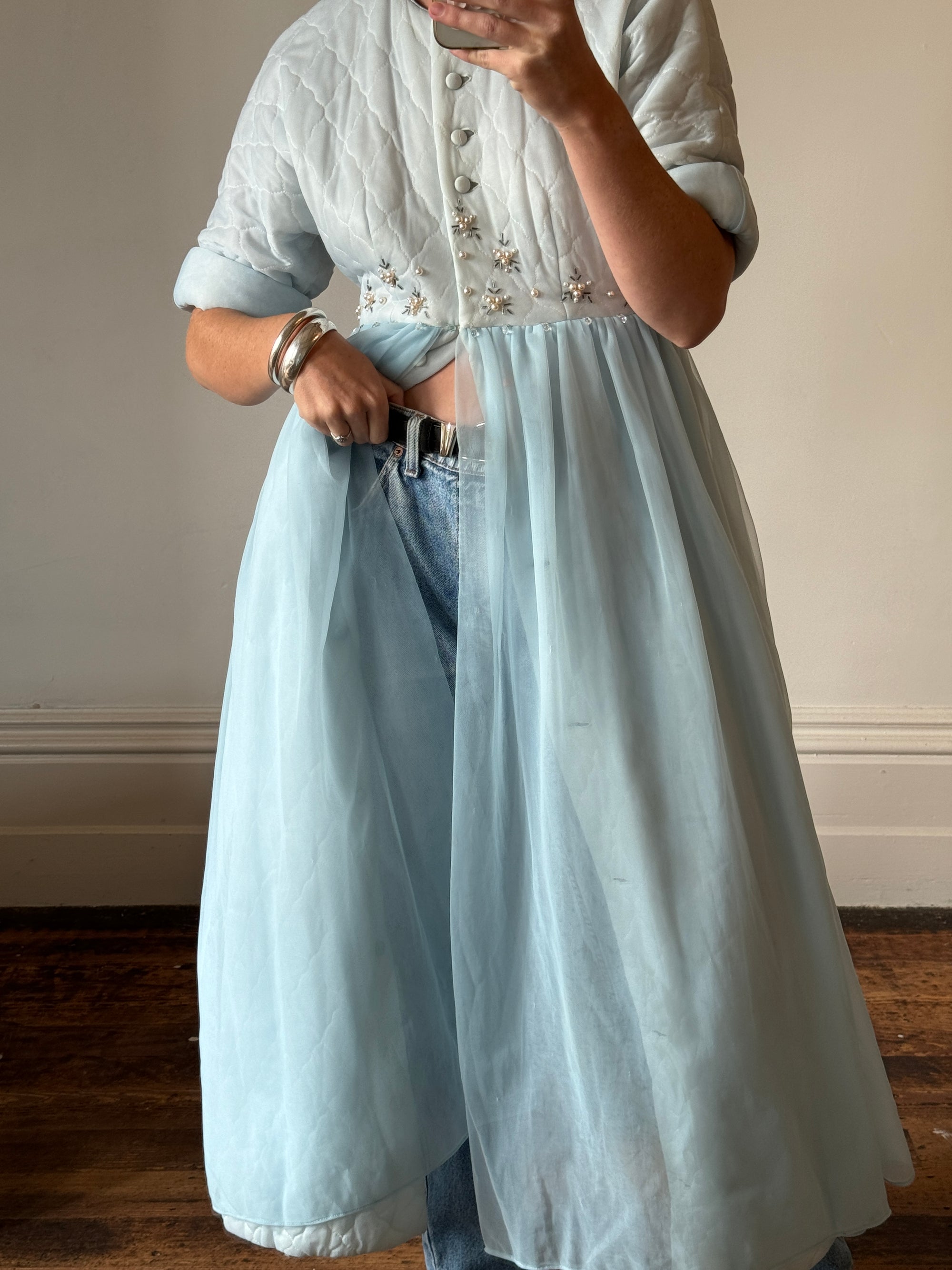 Vintage 50s Quilted Dress With Beading Baby Blue