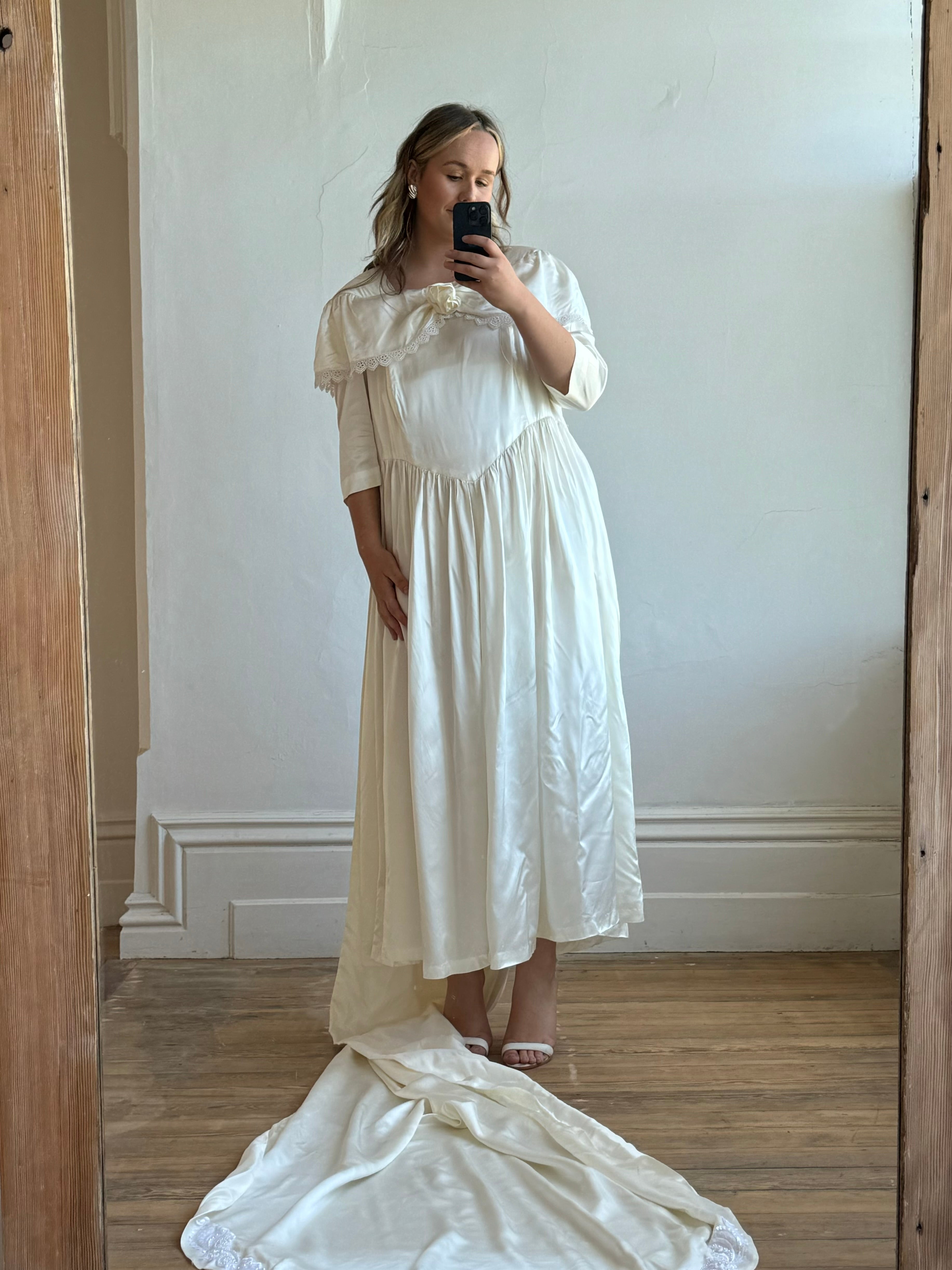 Vintage 80s Liquid Satin Basque Waist Wedding Dress