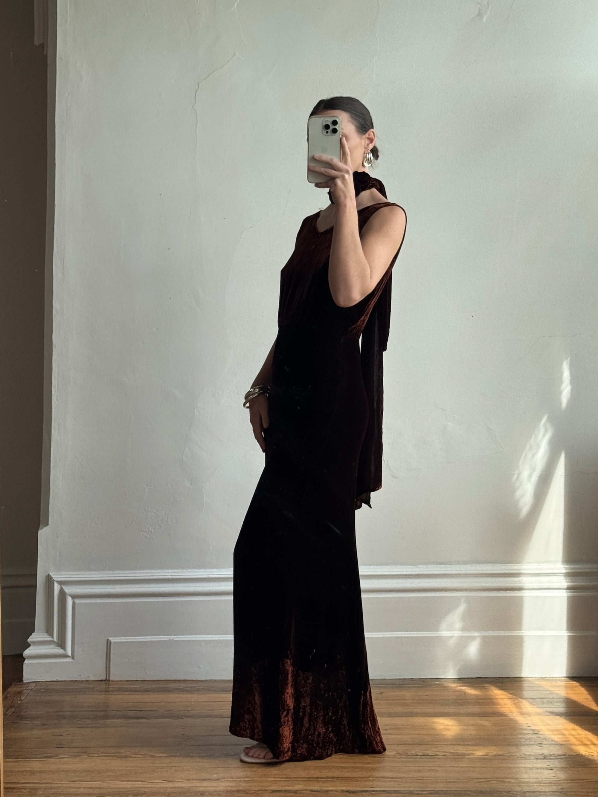 Vintage 30s Brown Velvet Bias Cut Dress With Rosette tie