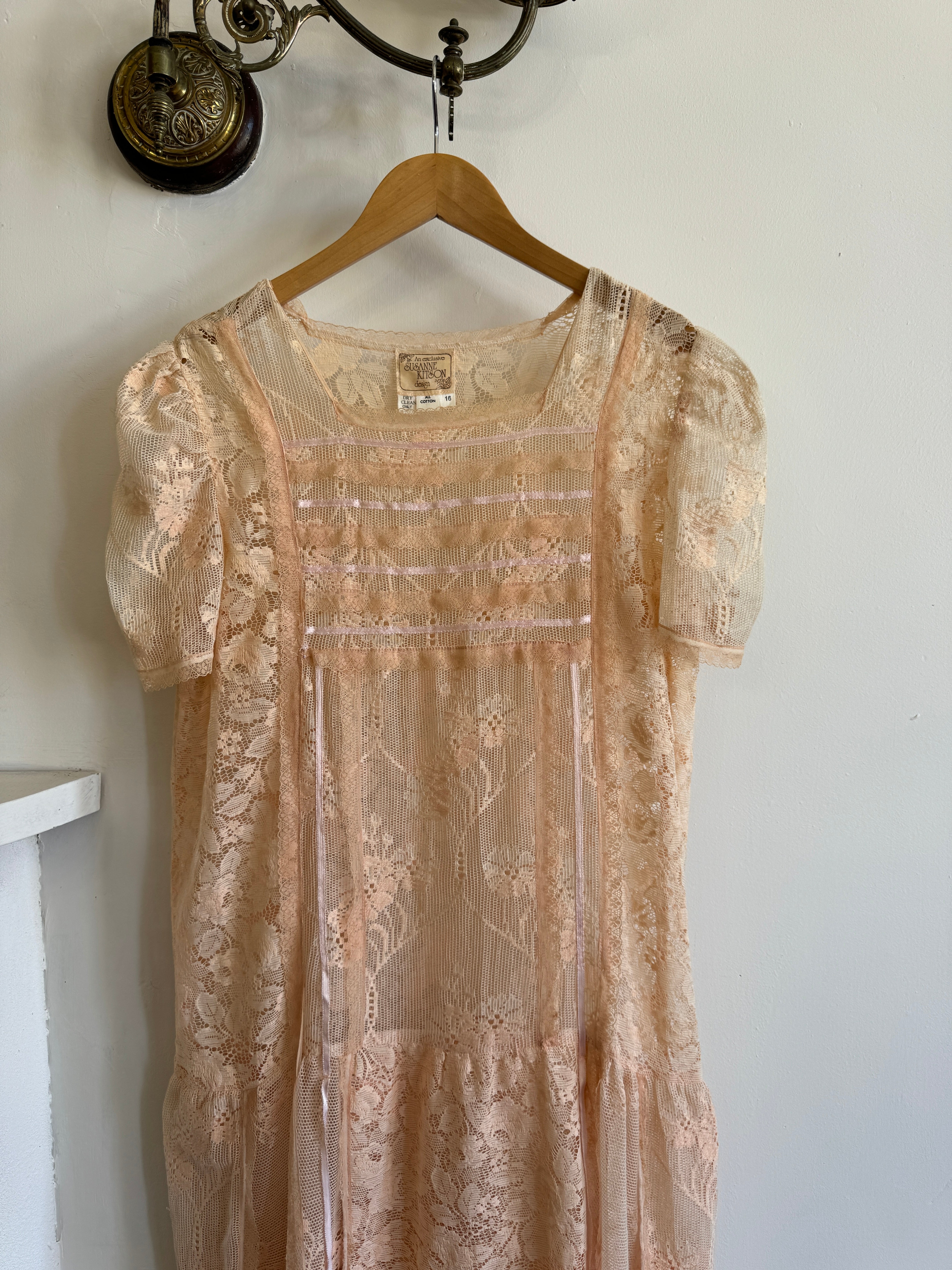 Vintage 70s Peach Cotton Lace Drop Waist Dress