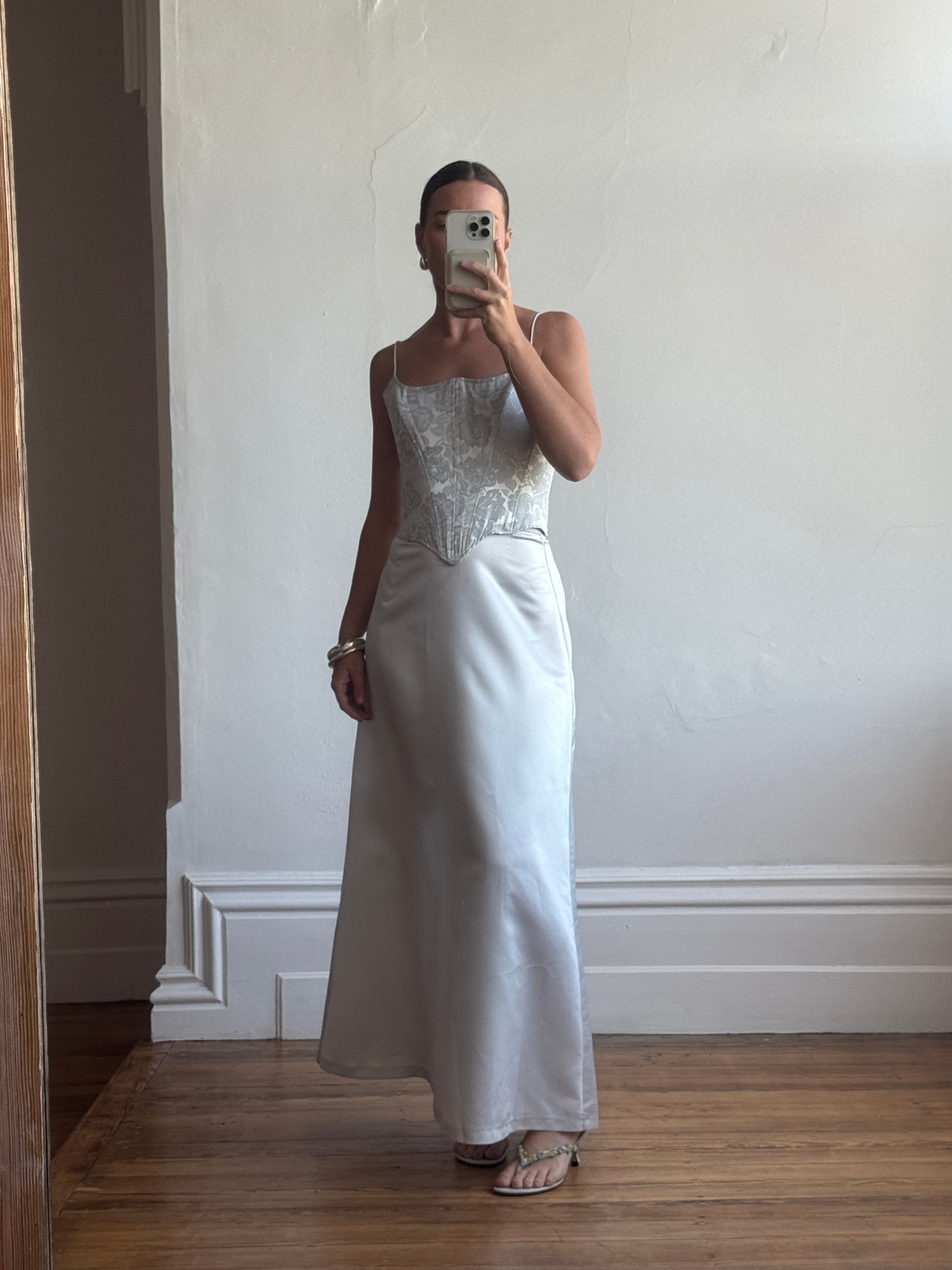 Vintage 90s Ice Blue Satin Jacquard Corset and Skirt Set