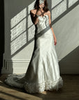 Vintage Y2K Strapless Satin Wedding Gown with Ruffled Train