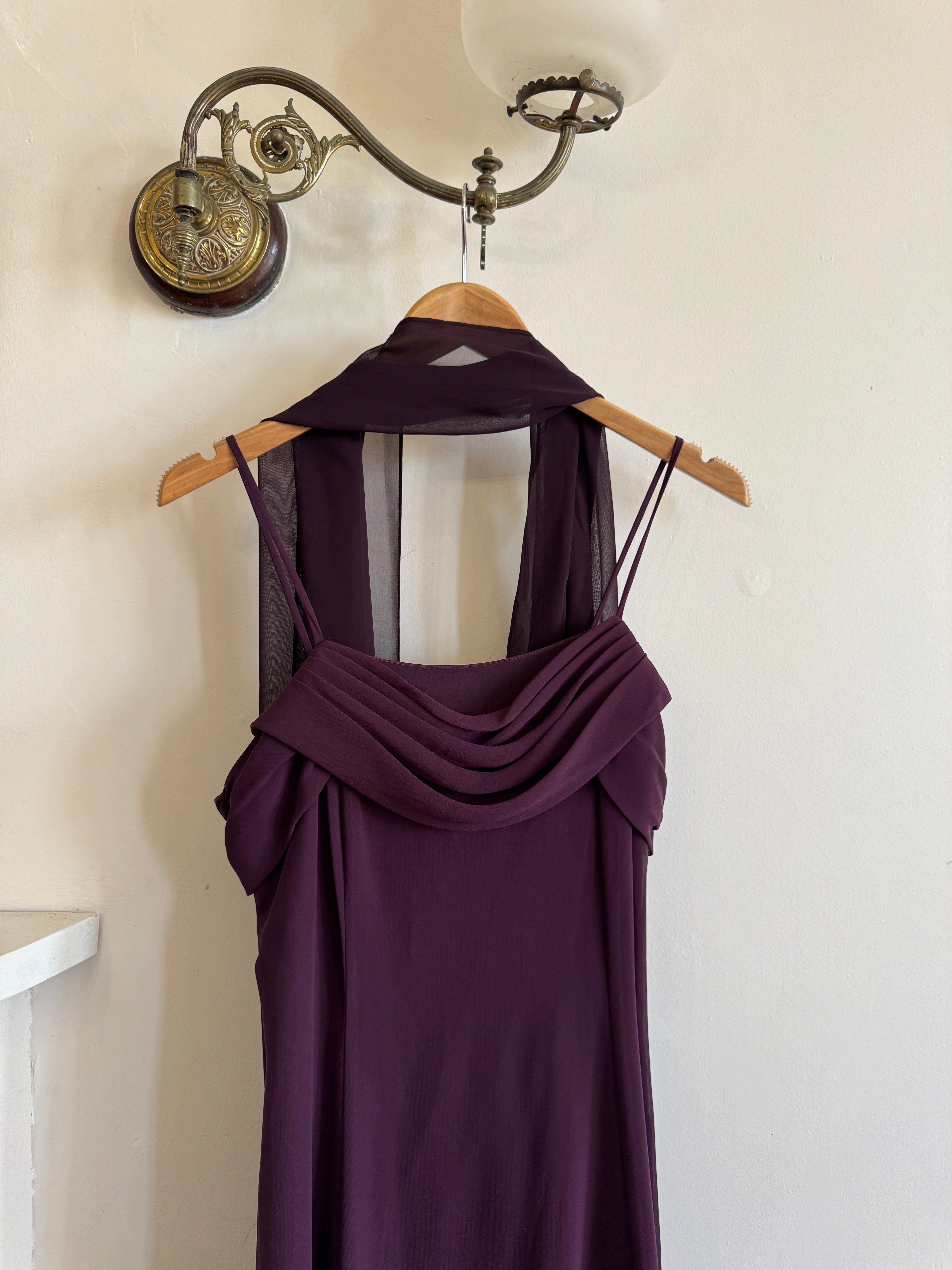 Vintage 90s Eggplant Cowl Neck Dress With Scarf