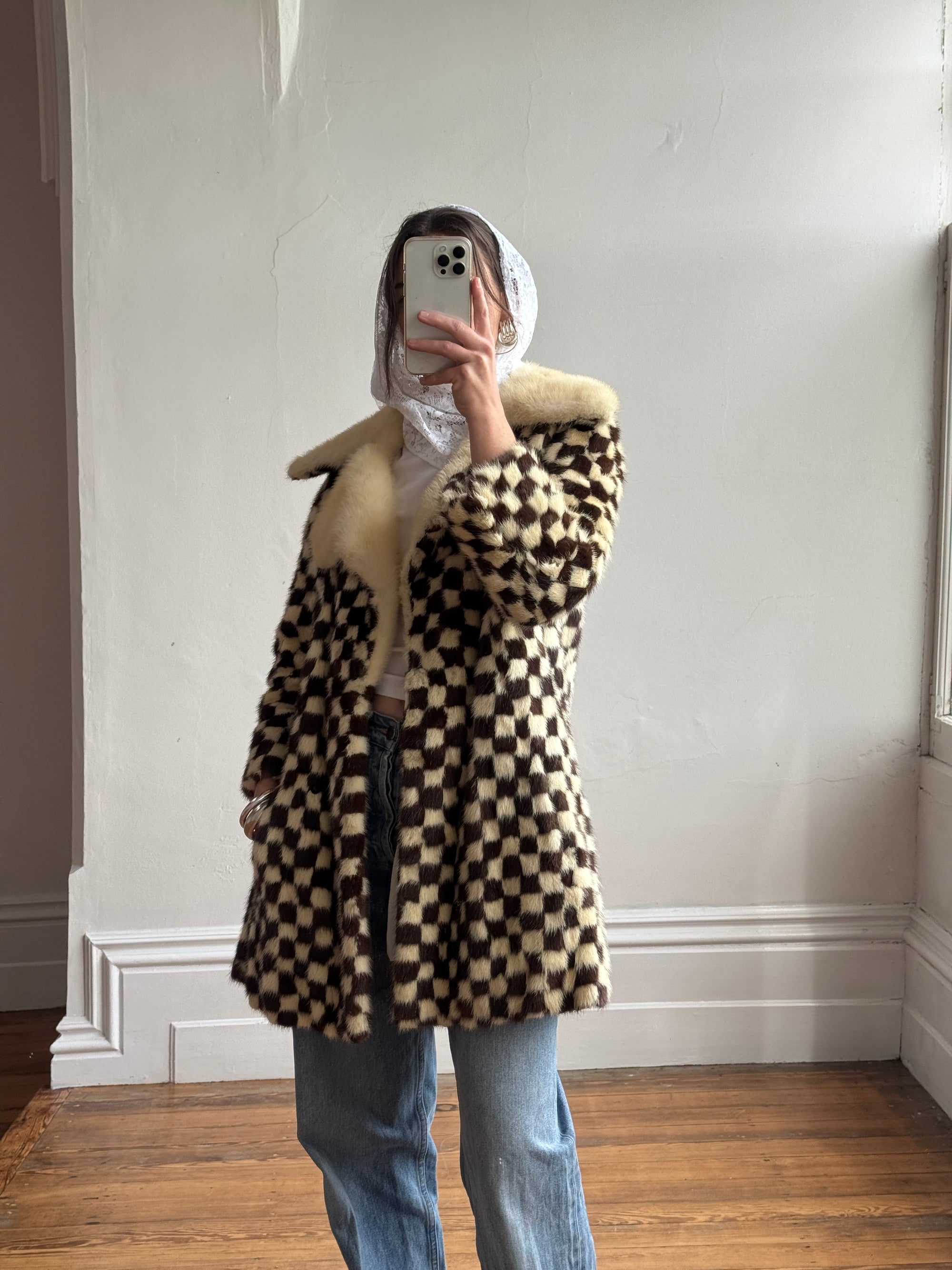 Vintage Rare 70s Mink Fur Checkerboard Coat