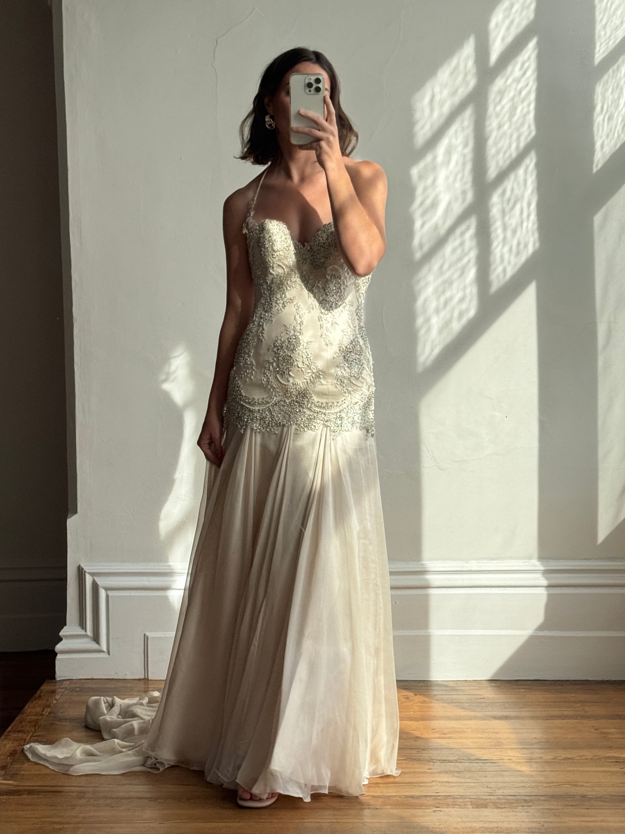 Vintage 90s Pure Silk Drop Waist Beaded Halter Gown with Cathedral Train