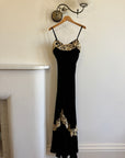 Vintage 40s Velvet Bias Strappy Dress with Lace Trim Noir