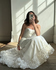Vintage Y2K Strapless Satin Wedding Gown with Ruffled Train