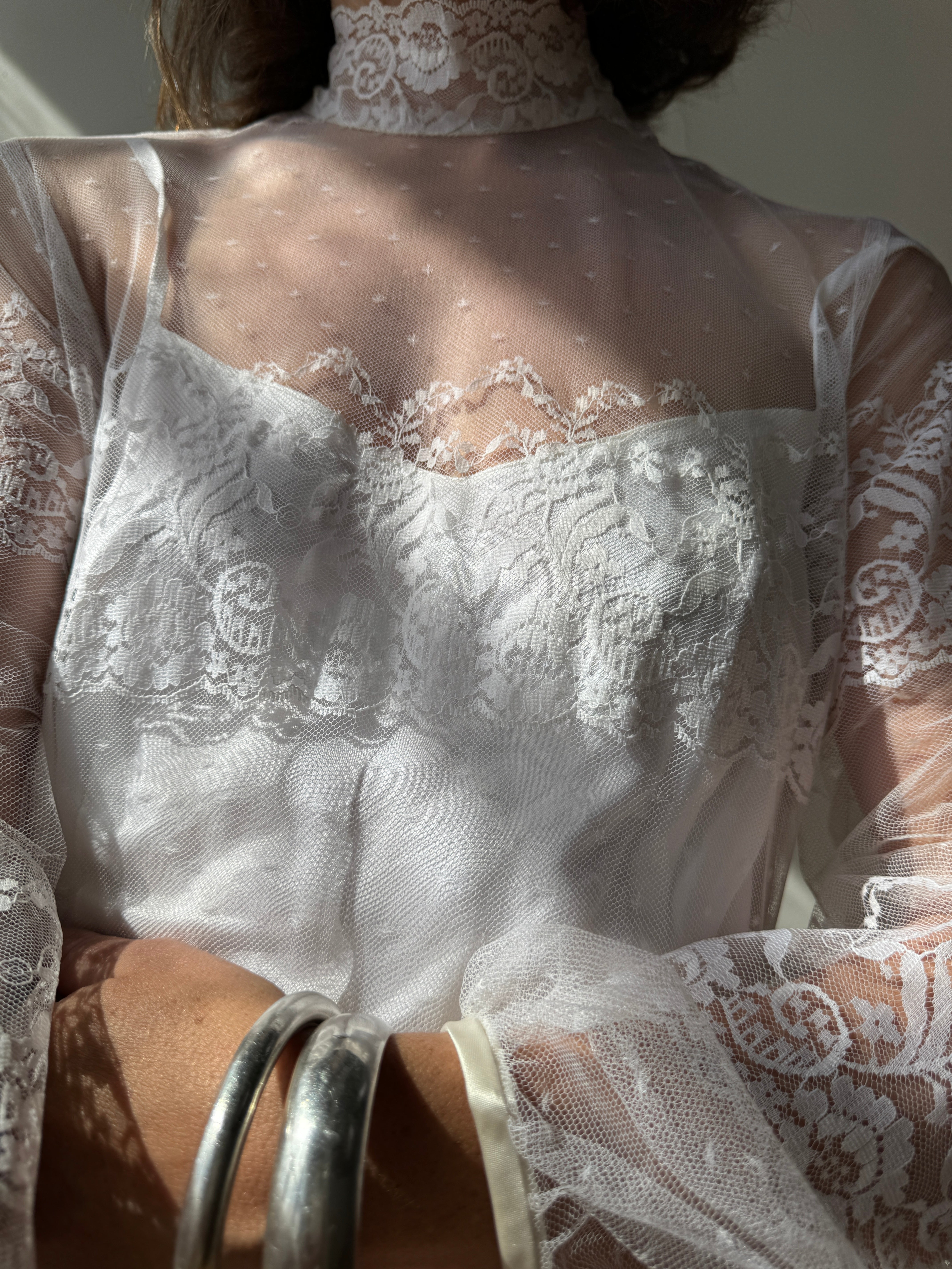 Vintage 70s Lace Long Sleeved High Neck Wedding Dress