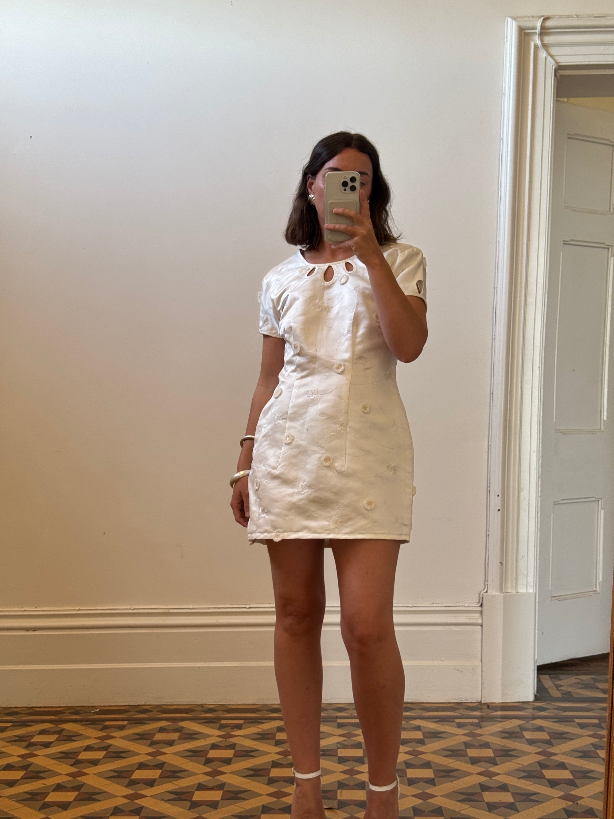 Vintage Ivory Satin Keyhole Embroidered Bridal Mini Dress
