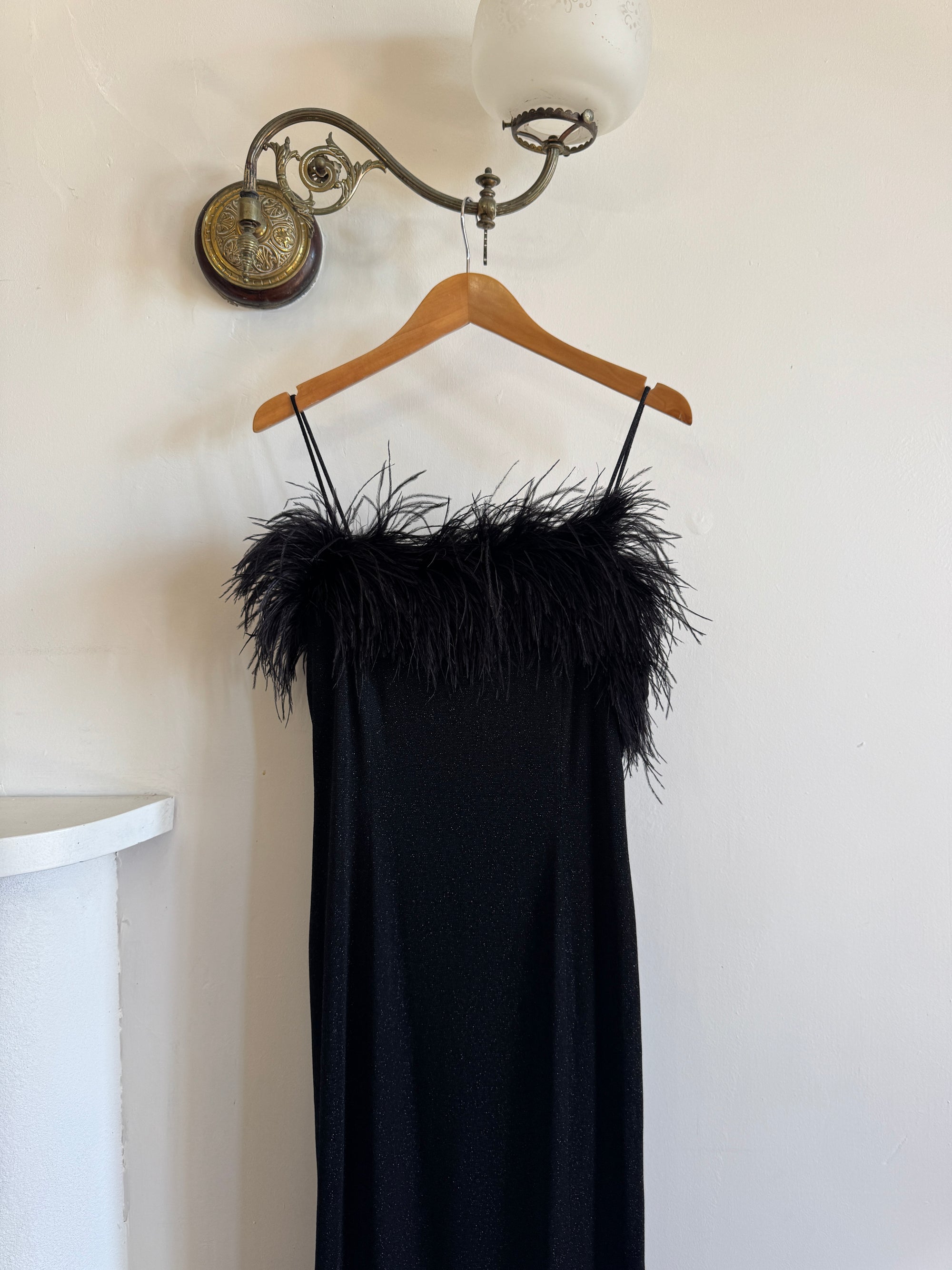 Vintage 90s Lurex Ostrich Feather Dress Noir
