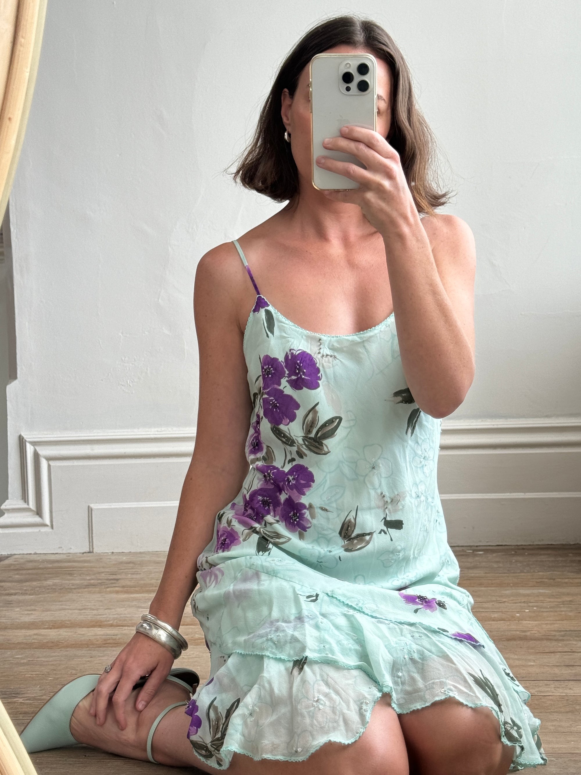 Vintage 90s Pure Silk Floral Mint Fairy Dress