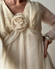 Vintage 70s Chiffon Rosette Wedding Dress Creme