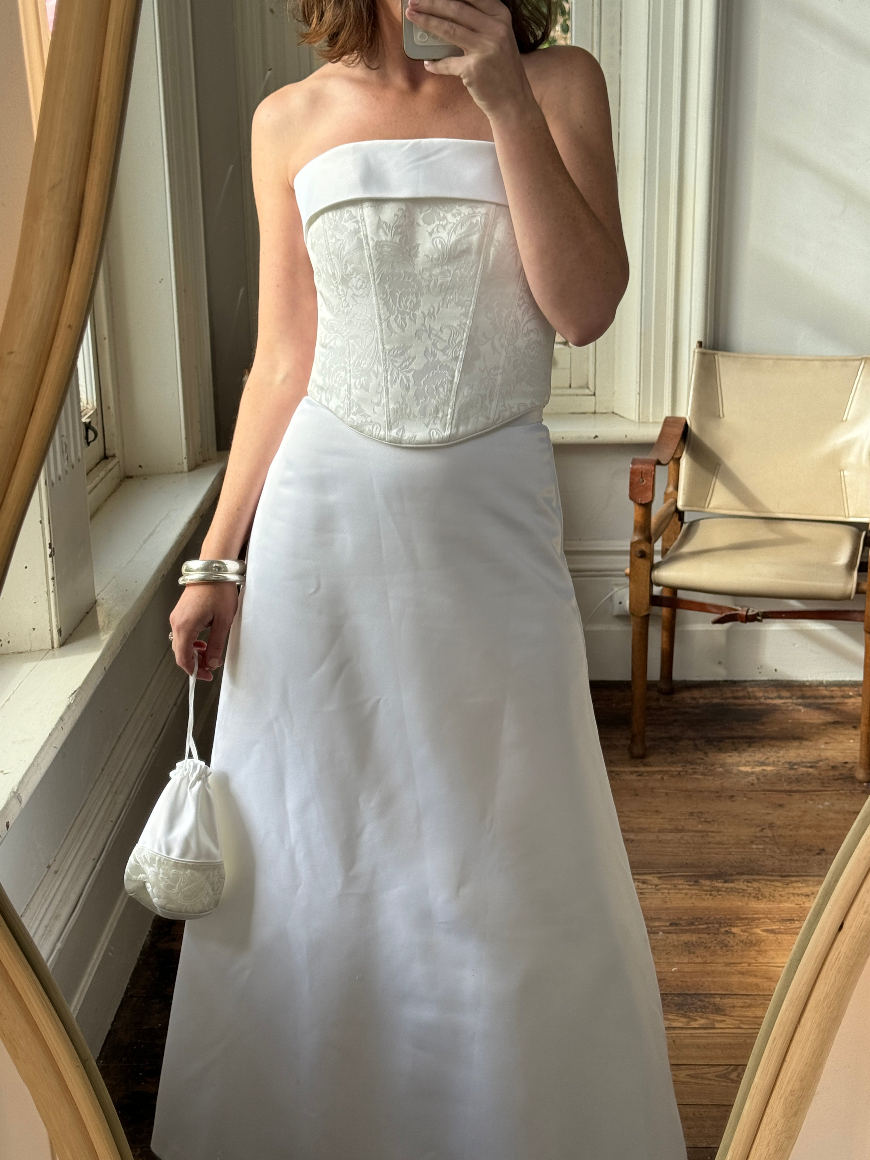 Vintage 90s Two Piece Satin Bridal Skirt and Jacquard Bodice