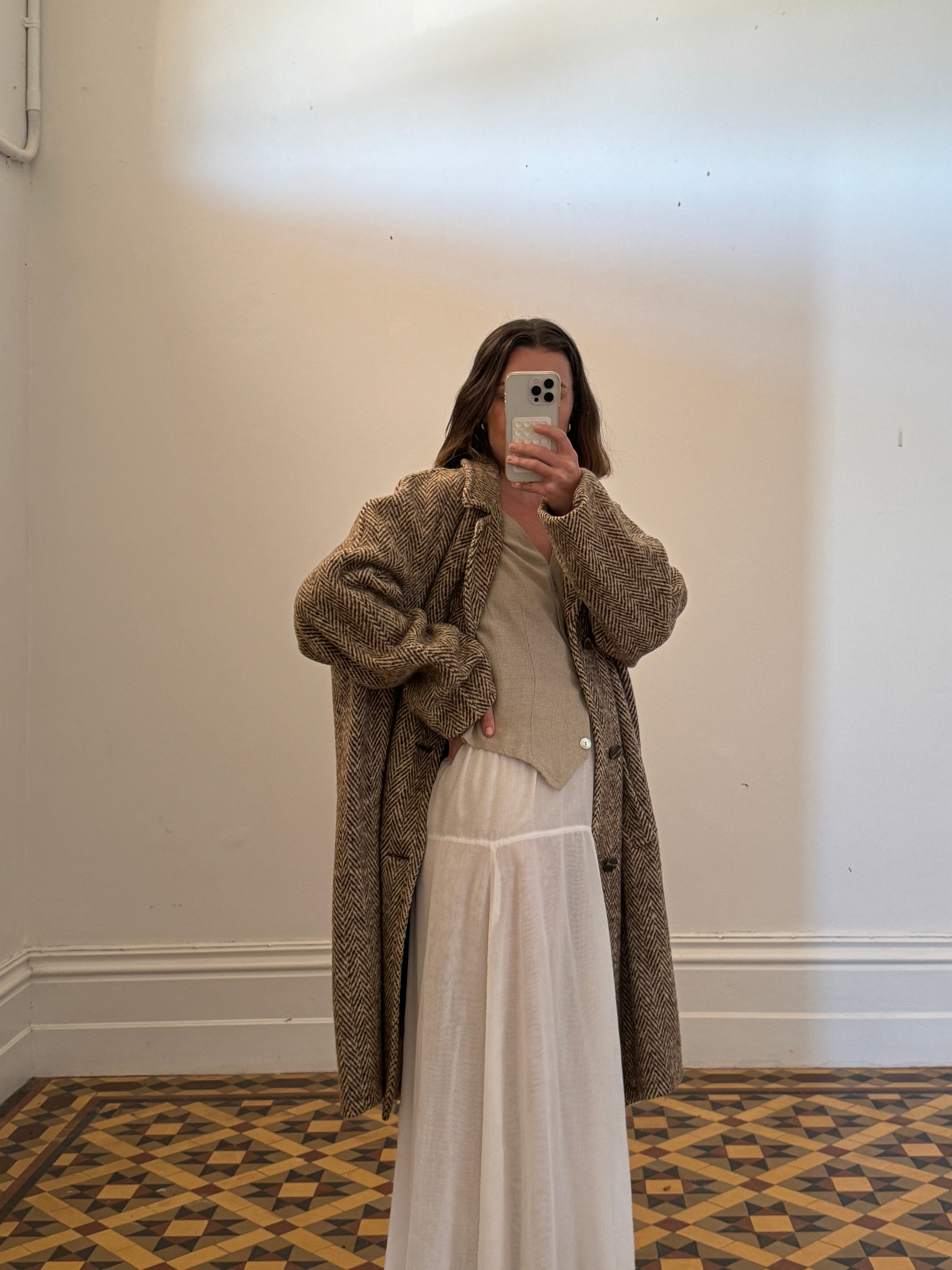 Vintage Brown Herringbone Wool Coat