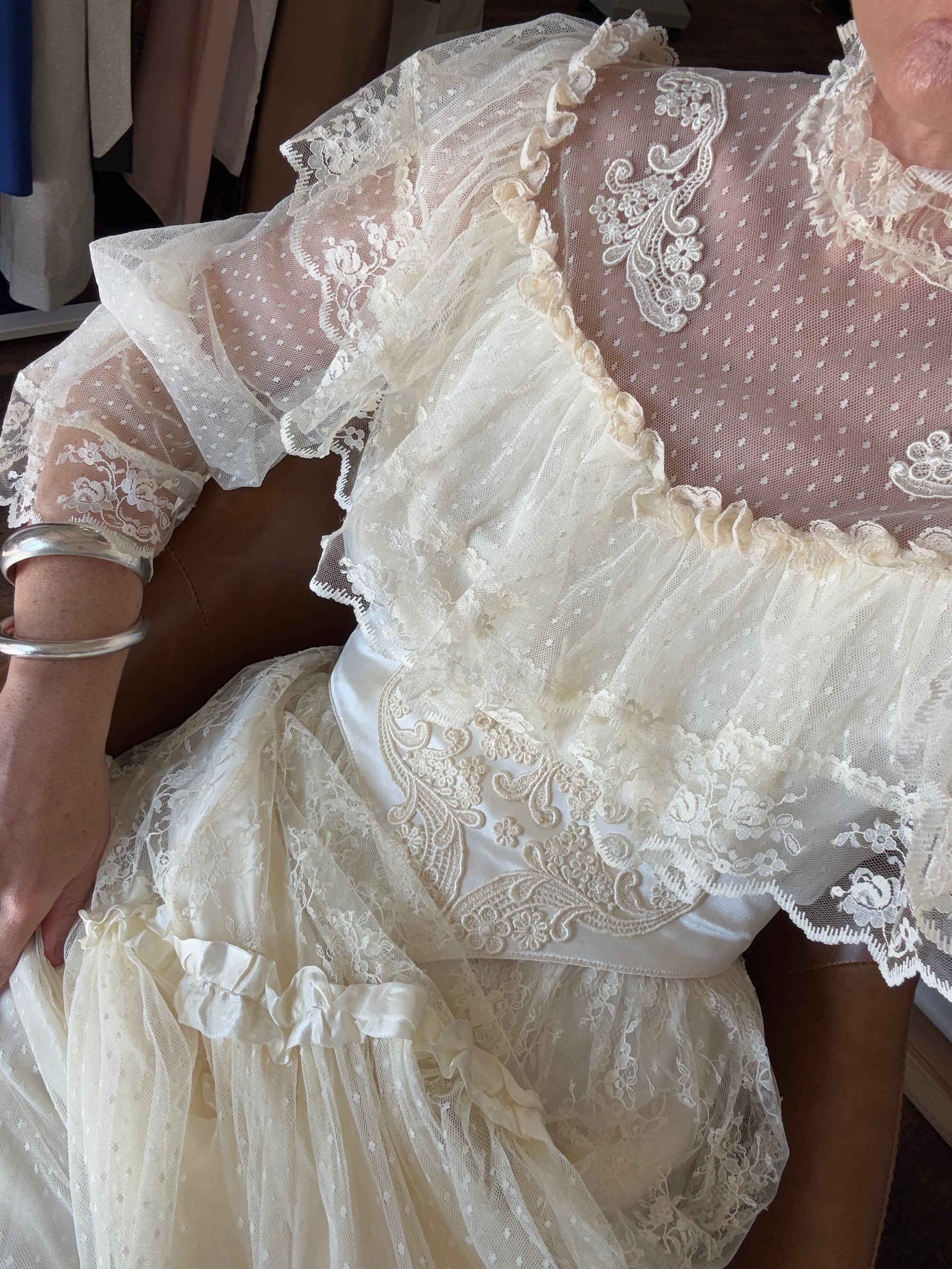 Vintage 70s Prairie Lace Wedding Gown with Beaded Basque Waist Belt
