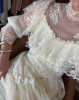 Vintage 70s Prairie Lace Wedding Gown with Beaded Basque Waist Belt