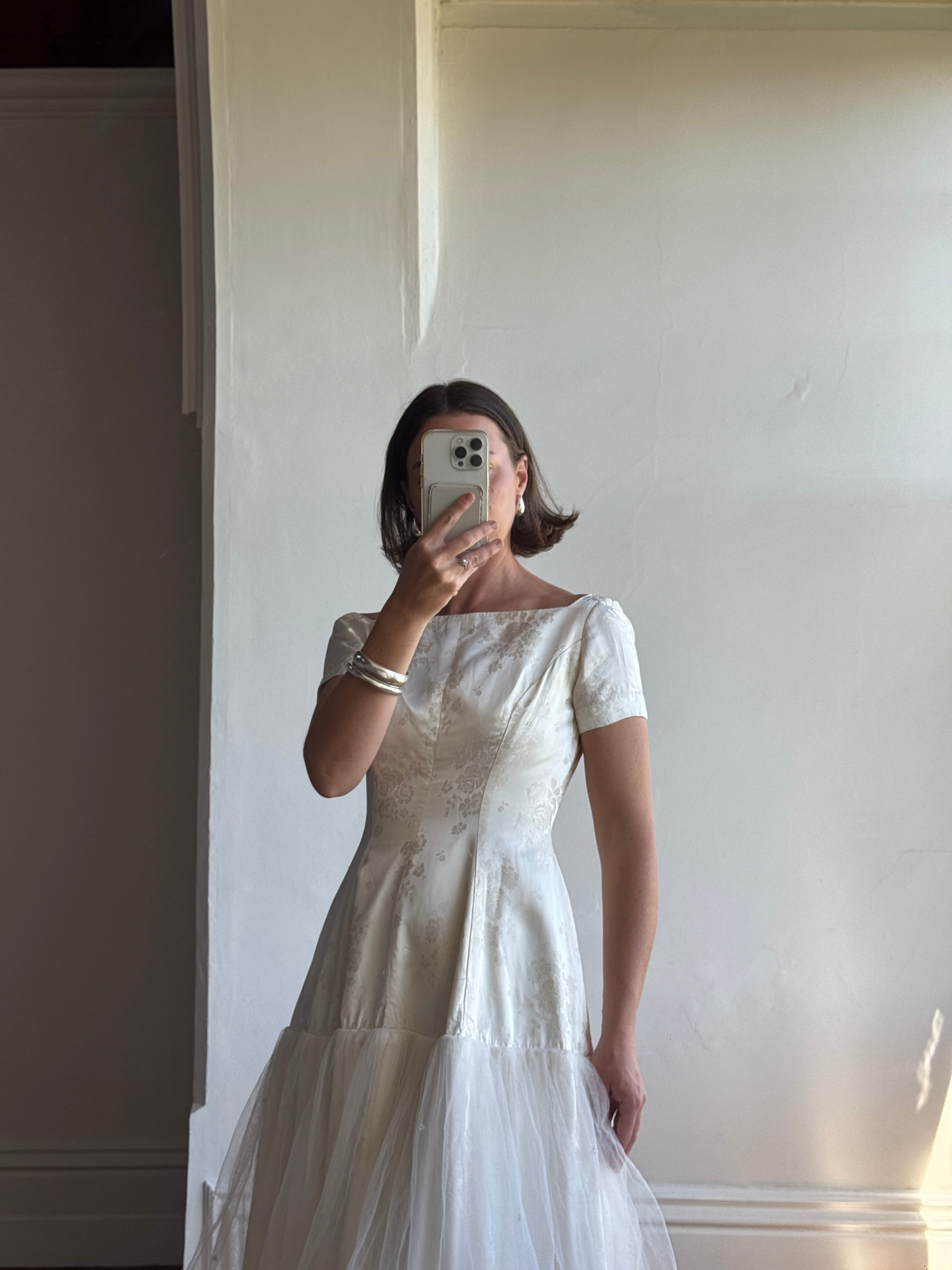 Vintage 50s Tea Length Jacquard Satin and Tulle Wedding Dress