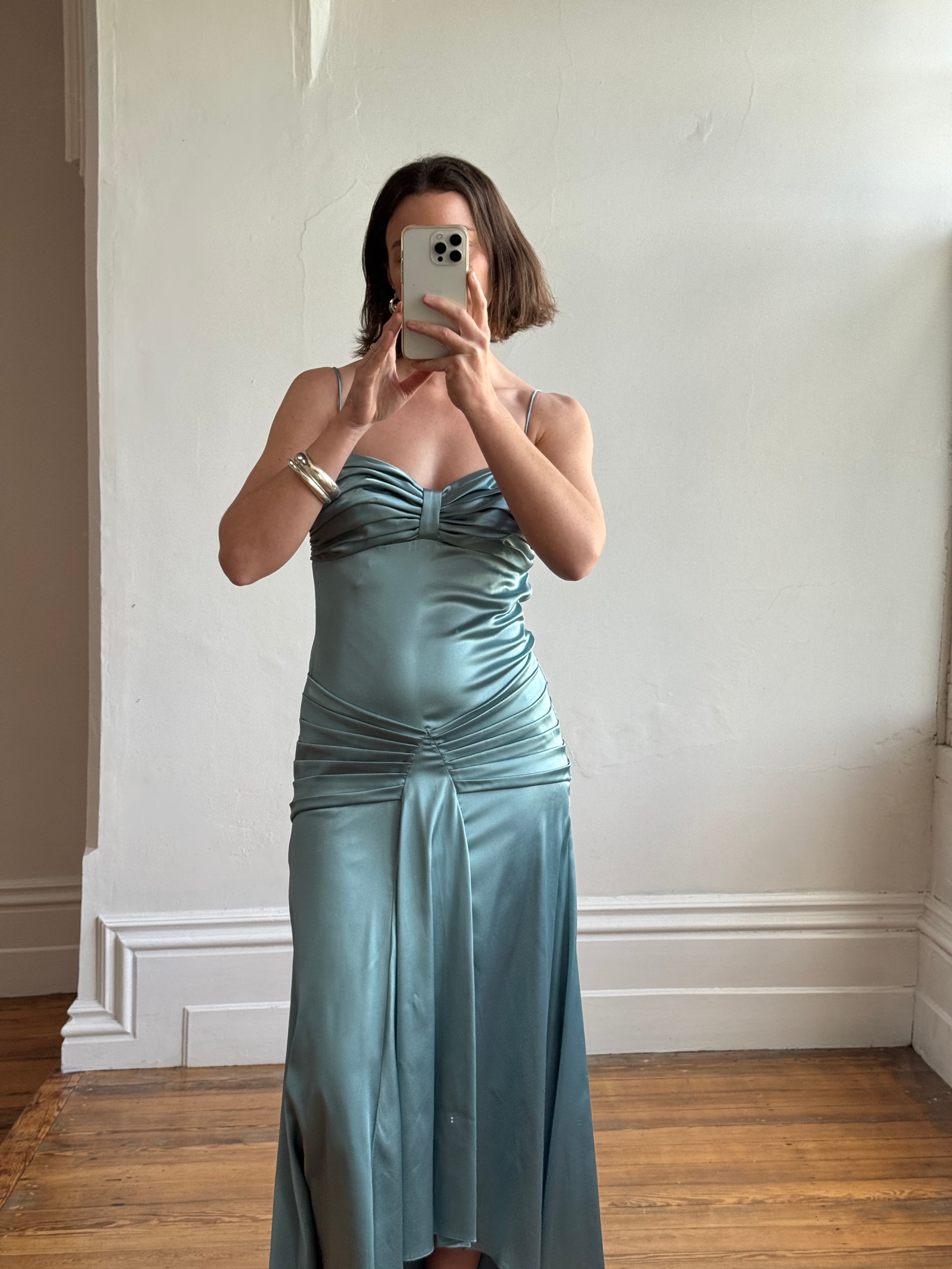 Vintage 90s Teal Satin High Low Prom Dress