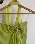Vintage Y2K Chartreuse Strapless Pure Silk Brooch Dress