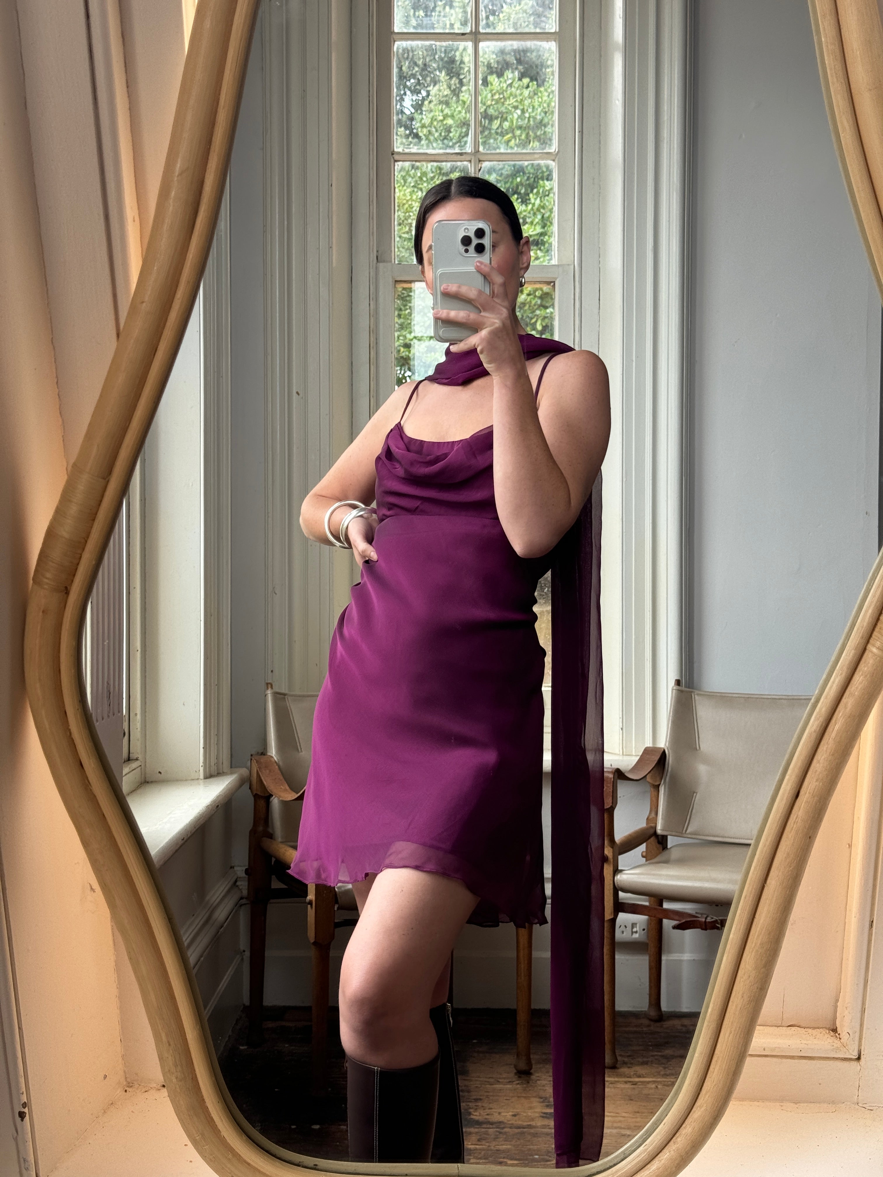 Vintage 90s Eggplant Cowl Neck Mini Dress With Scarf