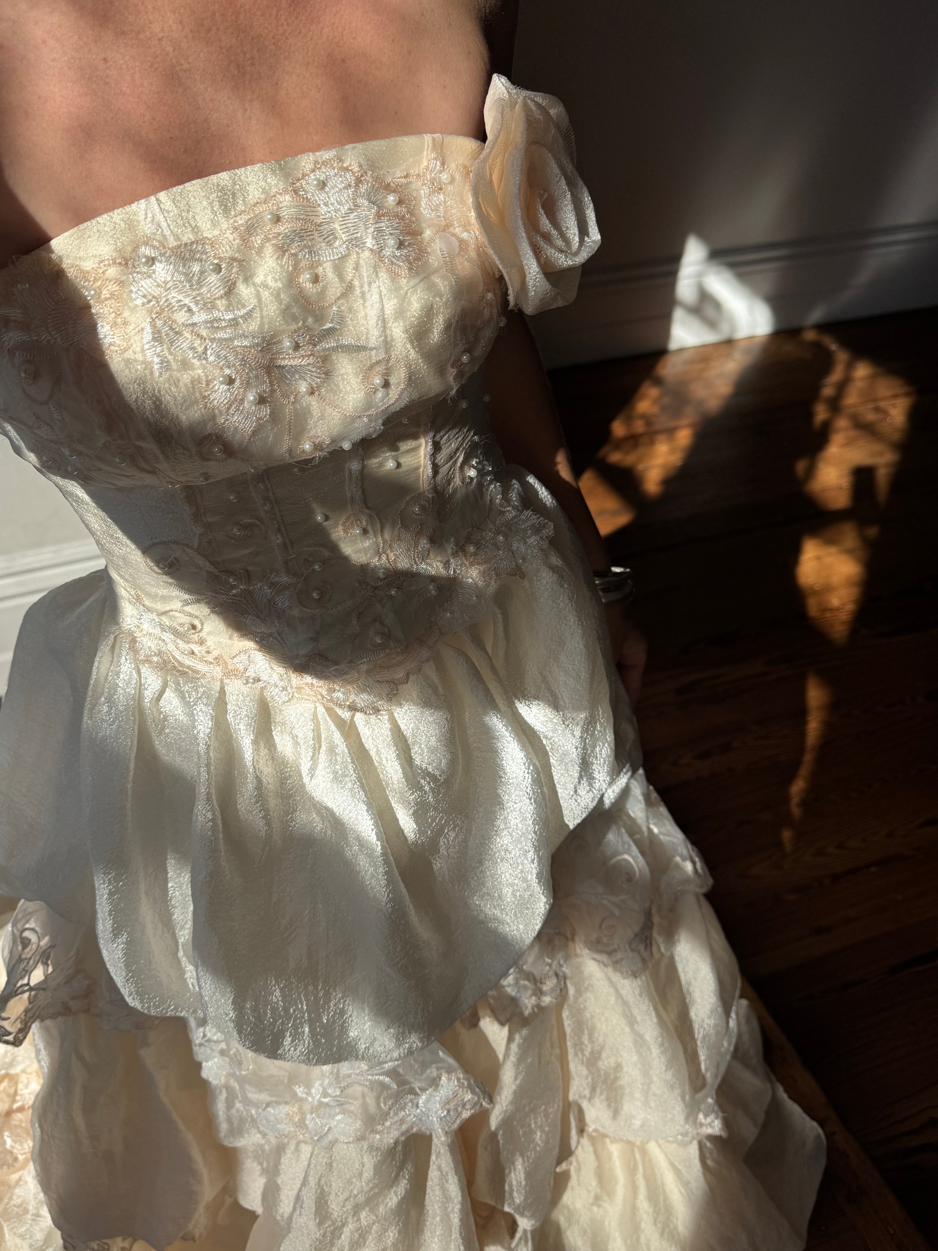 Vintage 90s Strapless Rosette Bubble Wedding Gown Peachy Creme