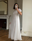 Vintage 70s White Chiffon Smocked Puff Sleeve Wedding Dress